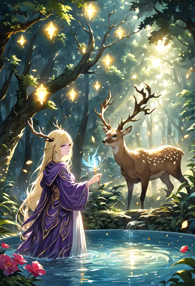 masterpiece，best quality，（Very detailed CG unified 8k wallpaper），（best quality），（Best Illustration），（best shadow），Very detailed pictures，entire character，photorealism，Surrealism，Girls casters，blonde，dark casters，Beautiful young conjurer wearing purple robe，Girl with purple eyes，beautiful figure painting，girl holding magic wand，It is decorated with unique carvings and precious stones, Represents the power and skill of the witch,Guwitz，Guwitz-style artwork，White-haired God，Yang Jian，Epic and beautiful character art，Stunning character art，Fan Qi，Wu Zhun Shifan，Guwitz on pixiv art site，Glowing Elves，There is a glowing deer，drink water in swimming pool，森林主题中的natural elements。mysterious forest，Beautiful forest，Great outdoor activities，Surrounded by flowers，精致的树叶和branch被firefly包围（natural elements），（jungle theme），（leaf），（branch），（firefly），（particle effect）and other 3D， octane rendering，Ray tracing，super detailed