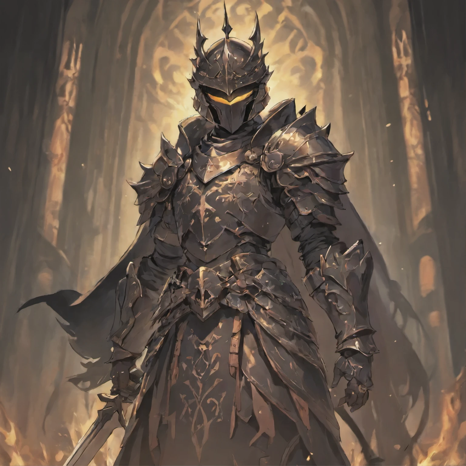 Wearing black iron armor on the lower body and black plate armor on the upper body, wearing a knight helmet to cover his face and holding a large sword, a knight in the style of Dark Souls