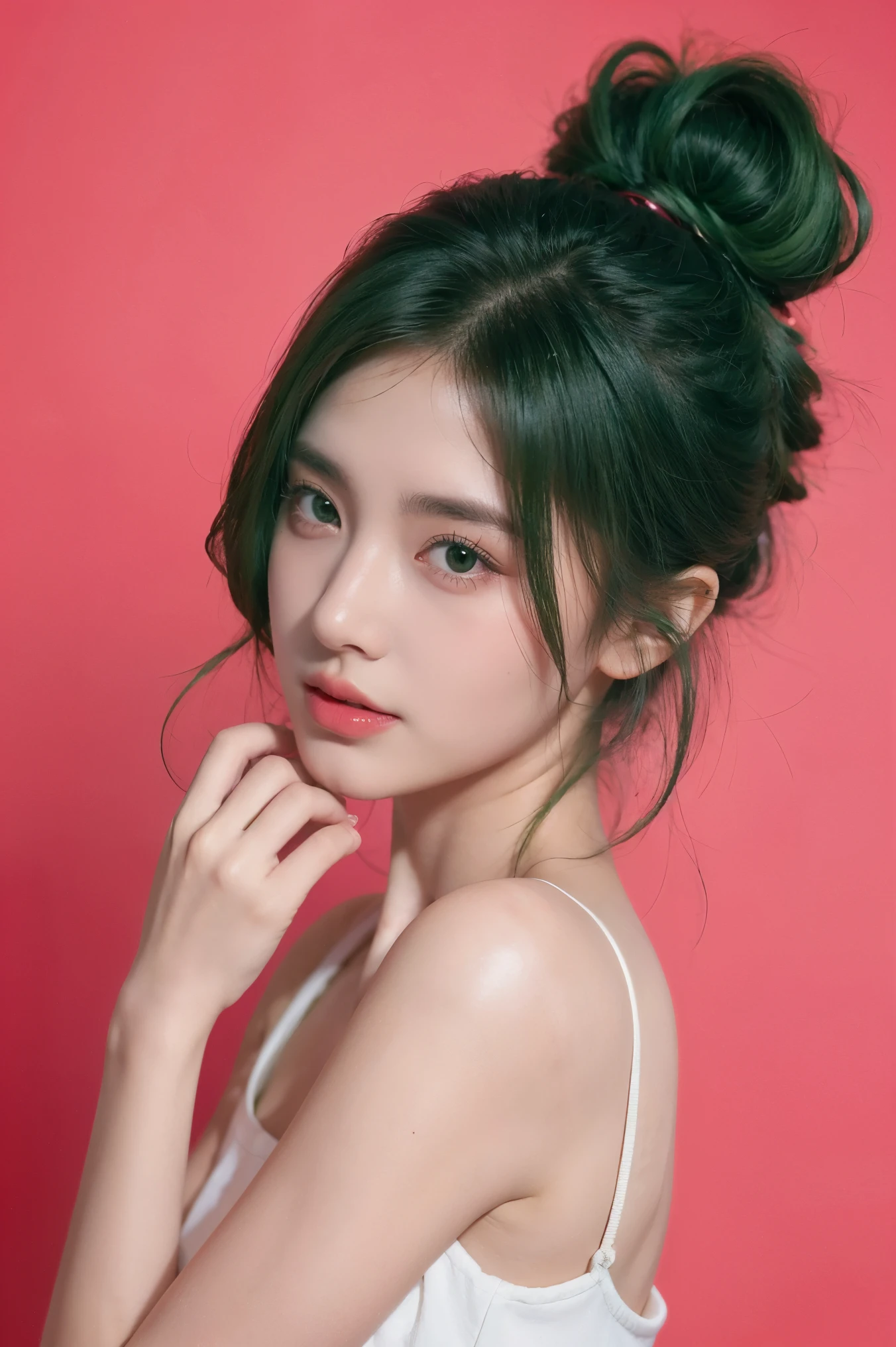 21yo girl, green hair, applying body lotion, red pink background,