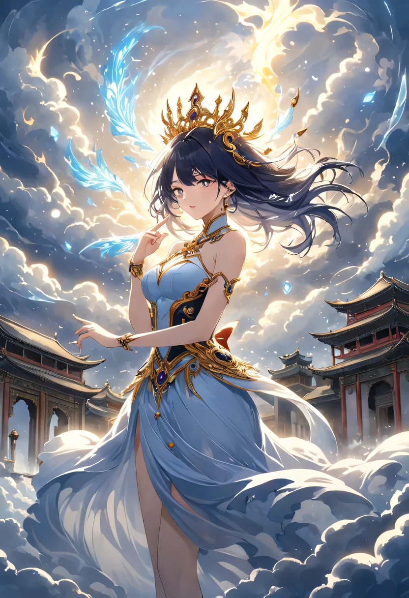 (Magical girl:1.8),1 female,(violet dress),flowing tulle,Beautiful and elegant woman,Ride the majestic Phoenix,Soar into the clouds。The wind gently lifts her robe,as they gracefully move through the ethereal cloudscape,The sense of fLight is highLighted,((shrouded in mist)),A Song of Ice and Fire,official art,Very detailed,masterpiece,best quality,(Very detailed的CG统一8k壁纸),(best quality),(Best Illustration),(best shadow),Very detailed的图片,entire character,photorealism,Surrealism,young woman,Oval face,(delicate fingers),seductive eyes,Little mouth,flowing long black hair,thorn crown,(8k, The original, professional, best quality, masterpiece:1.2), (realistically,realistically:1.37), Super detailed, (portrait), (Skin in the highest detail:1.2), (Facial details are richest:1.2), Light,((Oriental Palace)),(((The ancient Forbidden City))),(The majestic Great Wall),Magical oriental Taoist elements,Bagua patterns with magical powers,Tai Chi Yin Yang Fish Totem,((Taoist Tai Chi Yin Yang Bagua chart;1.2)),((Magnificent palace)),The palace is decorated with ice, Add visual drama to a scene. Capturing the beautiful combination of girly dance and wildness, Flying ice flowers, Evokes a sense of power, vitality, 以及大自然The original能量的美丽.Delicate character art in poetry,Stunning character art,Fan Qi,Wu Zhun Shifan,发Light精灵,宫殿theme的华丽元素。mysterious city,Beautiful village,Surrounded by flowers,巧妙地被firefly包围,("town" theme),(leaf),(branch),(firefly),(particle effect)and other 3D, octane rendering,Light线追踪,super detailed