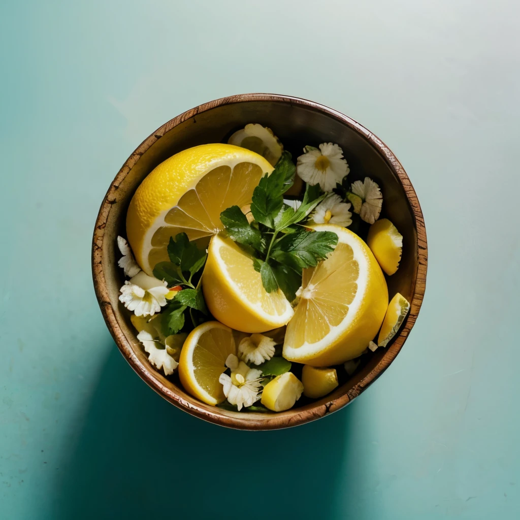Generate a realistic, high-quality photo of a lemon juice from above, with a visual style optimized for advertising. The image should highlight the freshness and variety of elements. include an attractive composition, with vibrant colors and lighting that highlights the details of the ambient. The image must be appetizing and inviting to be used for advertising healthy fruits. Include a variety of fresh fruits and other healthy ingredients., cinematic, photo