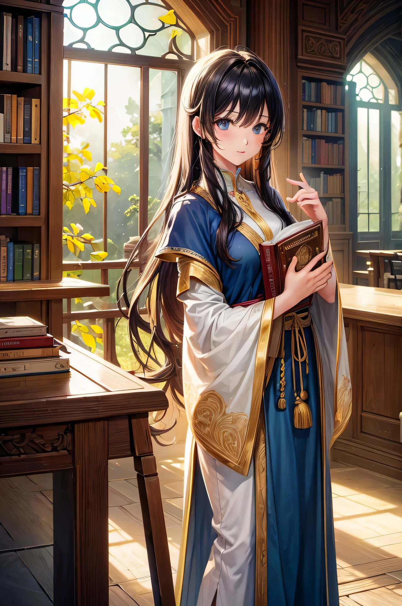 "(melhor qualidade,4k,8k,high resolution,obra de arte:1.2),ultra-detalhado,realista:1.37,garota anime colorida em uma biblioteca antiga, cercado por livros empoeirados em uma estante alta,cores vivas,soft lighting,estilo anime,olhos detalhados,Cabelo ondulado longo,focused expression,prateleiras de madeira antigas com esculturas complexas,table full of books nearby,soft sunlight streaming through stained glass windows,atmosfera tranquila e serena"