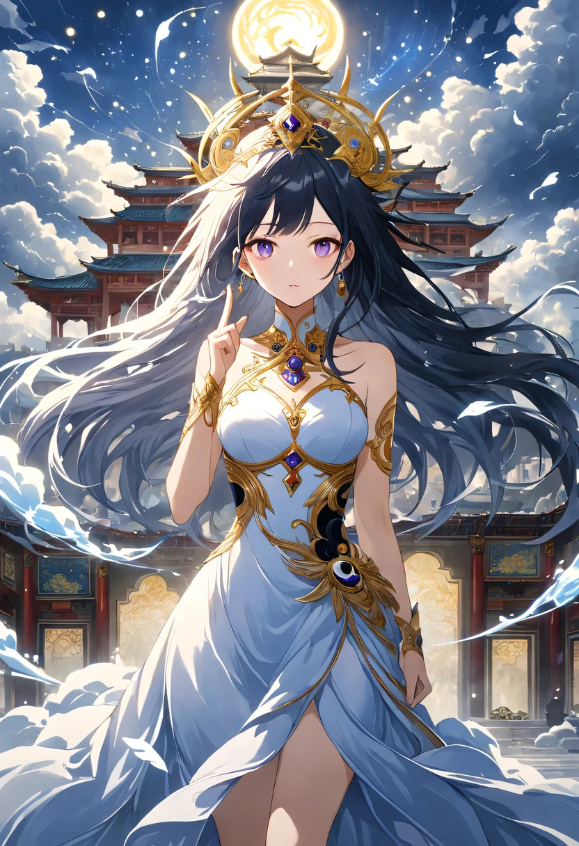(Magical girl:1.8),1 female,(violet dress),flowing tulle,Beautiful and elegant woman,Ride the majestic Phoenix,Soar into the clouds。The wind gently lifts her robe,as they gracefully move through the ethereal cloudscape,The sense of fLight is highLighted,((shrouded in mist)),A Song of Ice and Fire,official art,Very detailed,masterpiece,best quality,(Very detailed的CG统一8k壁纸),(best quality),(Best Illustration),(best shadow),Very detailed的图片,entire character,photorealism,Surrealism,young woman,Oval face,(delicate fingers),seductive eyes,Little mouth,flowing long black hair,thorn crown,(8k, The original, professional, best quality, masterpiece:1.2), (realistically,realistically:1.37), Super detailed, (portrait), (Skin in the highest detail:1.2), (Facial details are richest:1.2), Light,((Oriental Palace)),(((The ancient Forbidden City))),(The majestic Great Wall),Magical oriental Taoist elements,Bagua patterns with magical powers,Tai Chi Yin Yang Fish Totem,((Taoist Tai Chi Yin Yang Bagua chart;1.2)),((Magnificent palace)),The palace is decorated with ice, Add visual drama to a scene. Capturing the beautiful combination of girly dance and wildness, Flying ice flowers, Evokes a sense of power, vitality, 以及大自然The original能量的美丽.Delicate character art in poetry,Stunning character art,Fan Qi,Wu Zhun Shifan,发Light精灵,宫殿theme的华丽元素。mysterious city,Beautiful village,Surrounded by flowers,巧妙地被firefly包围,("town" theme),(leaf),(branch),(firefly),(particle effect)and other 3D, octane rendering,Light线追踪,super detailed