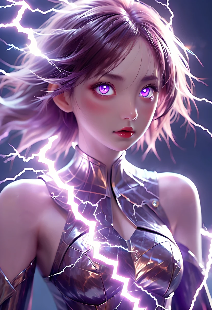 Magic plants, Magical girlfrom the abyss, Magical girl,Blood red eyes stare at the dead soul,charm,Strange,Fear,flirtatious,Lightning Armor,(Wrapped purple magic lightning:1.5), epic magic power,Magic cloak radiates powerful light, Strong current, epic thunderstorm, The suspended energy ball is about to explode,Strong visual impact, Surrealism, crazy, whimsical, Octagon rendering, complicated,