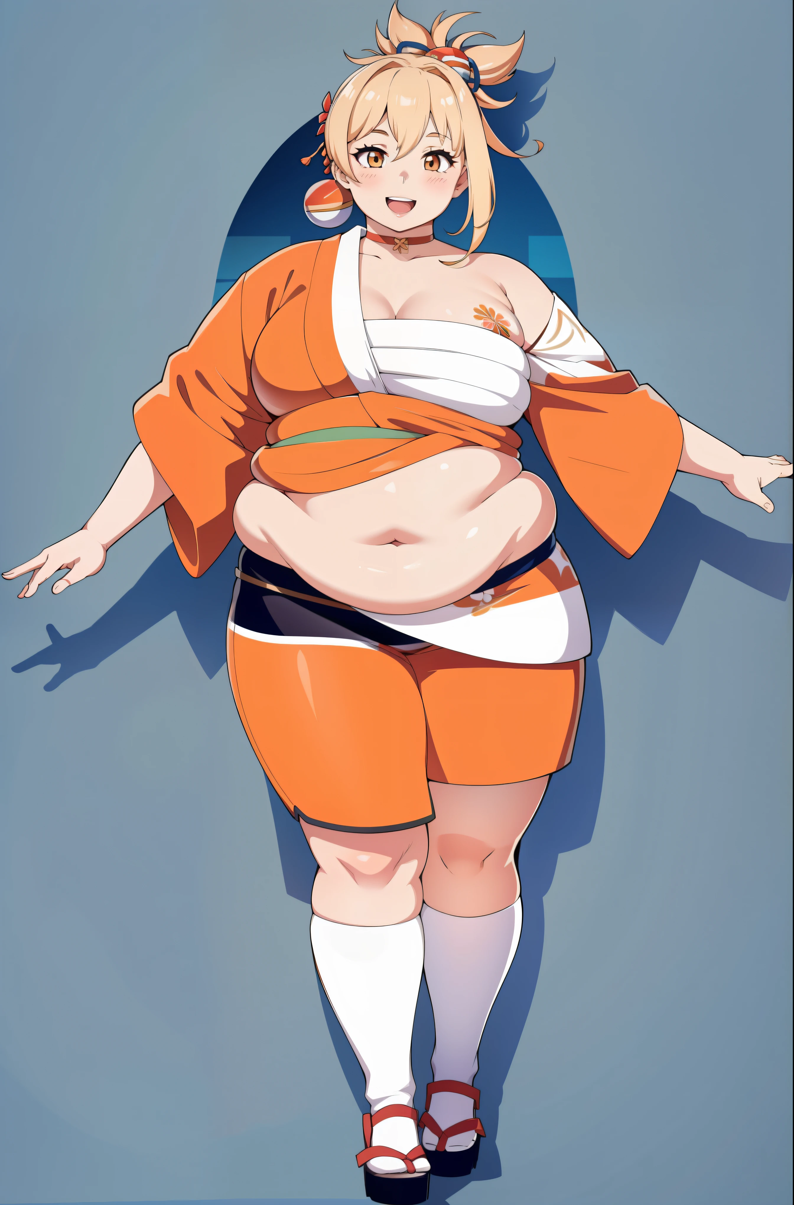 chubby, chubby belly, cute, pretty, parted lips, upper teeth, excited, high quality, 1girl, solo, smiling, joyful, Yoimiya, japanese orange clothing, zoomed out:1.1, full body:1.1, entire body:1.1, (full body), detailed hands, short, straight hands, happy pose,