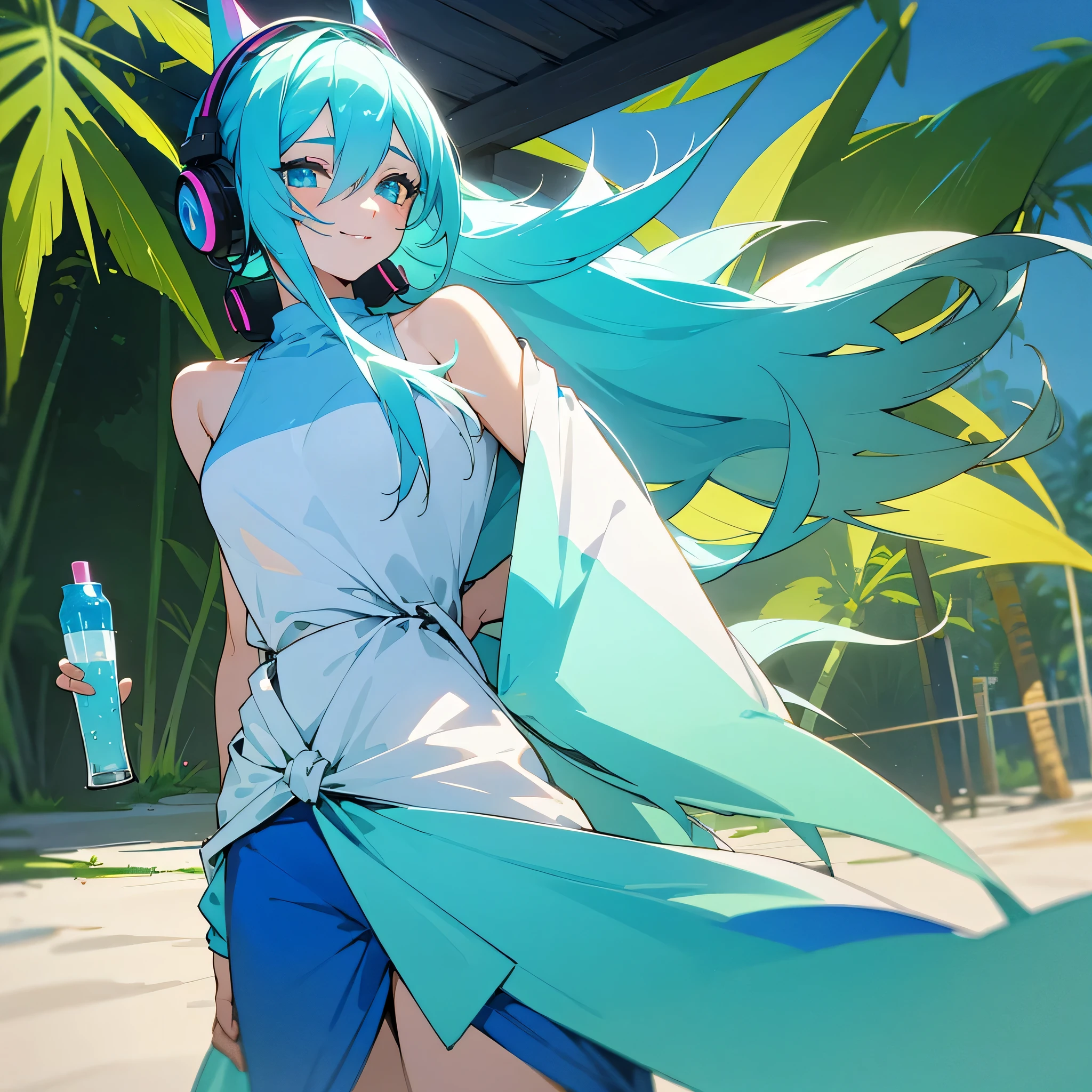 A young woman with tied-up colored Blue cyan aqua hair and eyes resembling a rainbow, listening to calm music on headphones, with a sexy smile, holding a cold drink, dressed in tropical light clothing, in a chalet at a beach. An image that inspires calmness, tranquility, lightness, simplicity, and comfort.