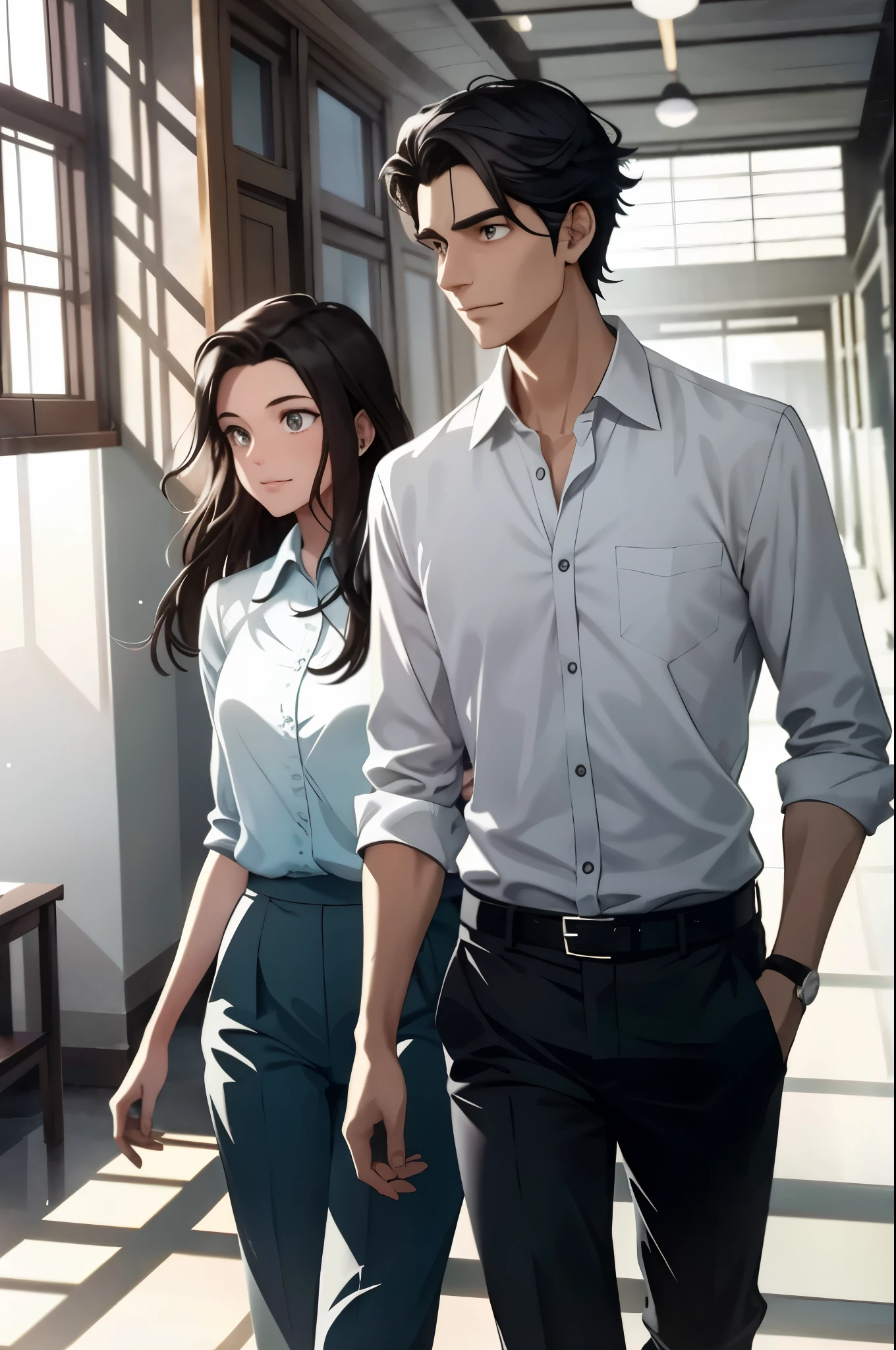 A serene animated scene unfolds in the bustling hallways of an Indonesian high school in Jakarta. Amidst the animated chaos of students, Arvez Ivander, with his dark hair gently swaying, stands out in his white shirt and grey trousers. Sunlight filters through the windows, casting soft, animated shadows on the grey corridors, lending an ethereal glow to Arvez's calm demeanor.
His admiration for Stephanie Zoriona's intellect and energy is portrayed through animated thought bubbles that burst forth from his head, expressing his earnest desire to banish her doubts and insecurities. The scene transitions seamlessly as they make their way