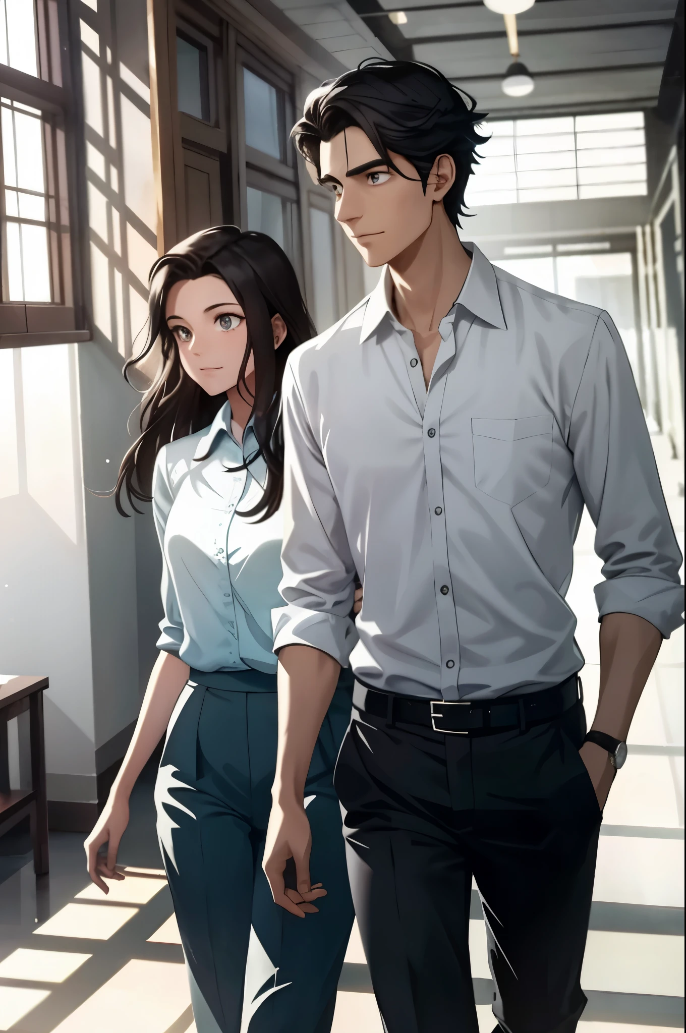 A serene animated scene unfolds in the bustling hallways of an Indonesian high school in Jakarta. Amidst the animated chaos of students, Arvez Ivander, with his dark hair gently swaying, stands out in his white shirt and grey trousers. Sunlight filters through the windows, casting soft, animated shadows on the grey corridors, lending an ethereal glow to Arvez's calm demeanor.
His admiration for Stephanie Zoriona's intellect and energy is portrayed through animated thought bubbles that burst forth from his head, expressing his earnest desire to banish her doubts and insecurities. The scene transitions seamlessly as they make their way