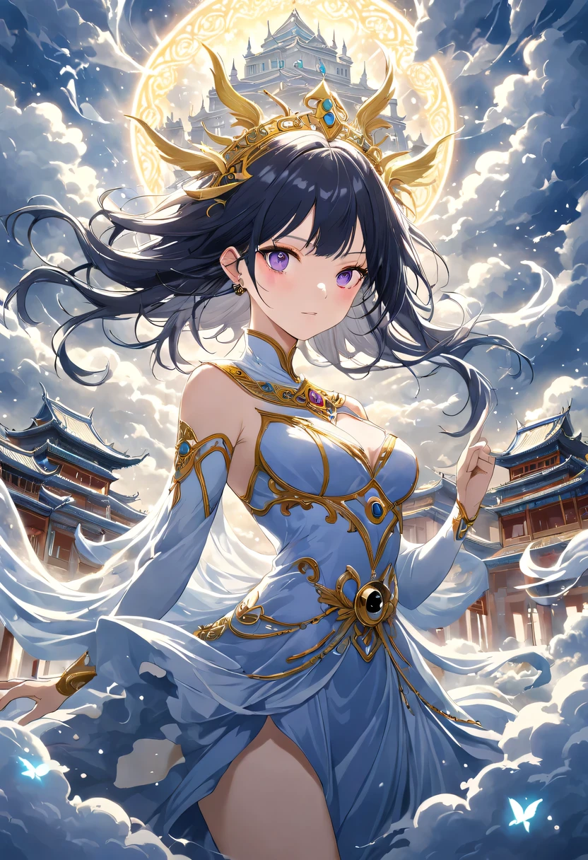 (Magical girl:1.8)，1 female，（violet dress），flowing tulle，Beautiful and elegant woman，Ride the majestic Phoenix，Soar into the clouds。The wind gently lifts her robe，as they gracefully move through the ethereal cloudscape，The sense of fLight is highLighted，((shrouded in mist)),A Song of Ice and Fire，official art，Very detailed，masterpiece，best quality，（Very detailed的CG统一8k壁纸），（best quality），（Best Illustration），（best shadow），Very detailed的图片，entire character，photorealism，Surrealism，young woman，Oval face，（delicate fingers），seductive eyes，Little mouth，flowing long black hair，thorn crown，（8k， The original， professional， best quality， masterpiece：1.2）， （realistically，realistically：1.37）， Super detailed， （portrait）， （Skin in the highest detail：1.2）， （Facial details are richest：1.2）， Light，((Oriental Palace))，(((The ancient Forbidden City)))，(The majestic Great Wall)，Magical oriental Taoist elements，Bagua patterns with magical powers，Tai Chi Yin Yang Fish Totem，((Taoist Tai Chi Yin Yang Bagua chart;1.2)),((Magnificent palace)),The palace is decorated with ice, Add visual drama to a scene. Capturing the beautiful combination of girly dance and wildness, Flying ice flowers, Evokes a sense of power, vitality, 以及大自然The original能量的美丽.Delicate character art in poetry，Stunning character art，Fan Qi，Wu Zhun Shifan，发Light精灵，宫殿theme的华丽元素。mysterious city，Beautiful village，Surrounded by flowers，巧妙地被firefly包围，（"town" theme），（leaf），（branch），（firefly），（particle effect）and other 3D， octane rendering，Light线追踪，super detailed