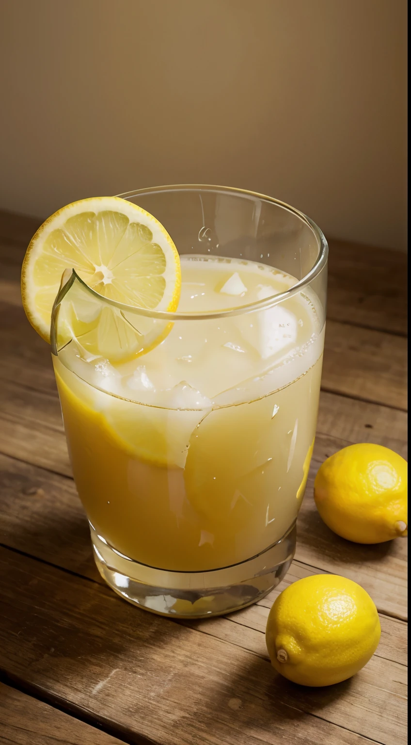 Generate a realistic, high-quality photo of a lemon juice from above, with a visual style optimized for advertising. The image should highlight the freshness and variety of elements. include an attractive composition, with vibrant colors and lighting that highlights the details of the ambient. The image must be appetizing and inviting to be used for advertising healthy fruits. Include a variety of fresh fruits and other healthy ingredients., cinematic, photo