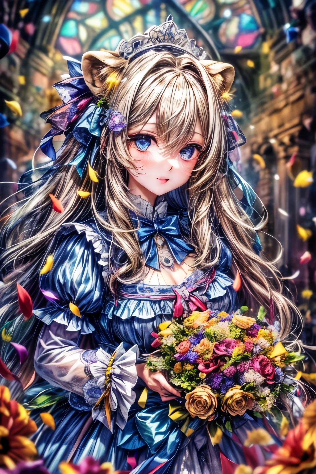 ((worst quality, low quality)), ((lion print girl)), (big breasts), (gothic lolita), (long silver hair), hair over one eye, plump glossy lips, beautiful clear eyes, spoken heart, leaning forward, confetti, (perfect hands:1.2), (((holding a big bunch of beautiful colorful flowers of one))), (stained glass window background), ((glow sunlight)), (light particles, light sparkles, light rays:1.4), masterpiece,best quality,ultra detailed,
