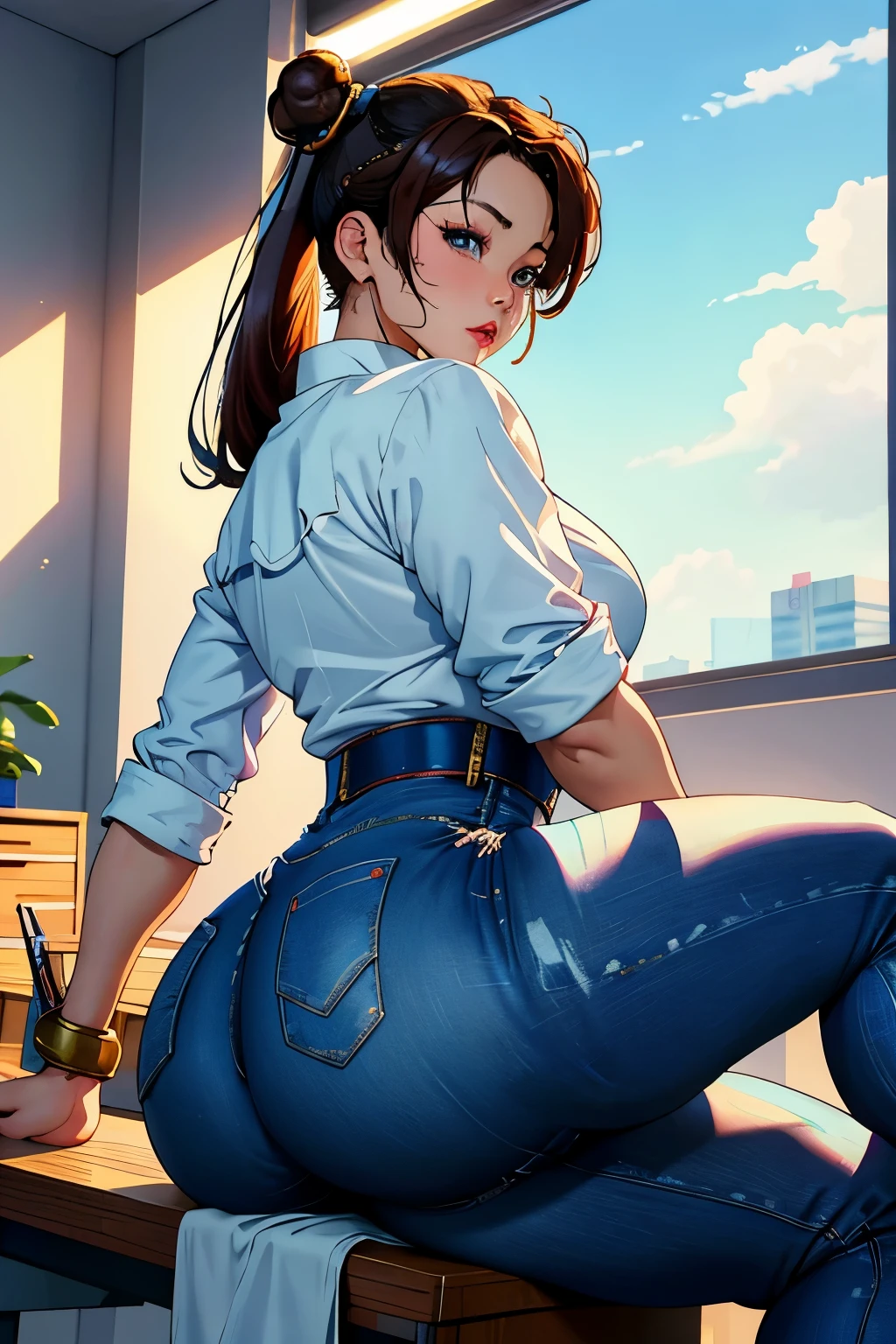 ((Chun-li)), ((high-quality)), ((masterpiece)), 8K, Wallpaper, Perfect Body, Aligned Perfect Eyes, In an office, Sitting at a table, Wearing a white blouse, Wearing jeans, Thick thighs, Big, Beautiful Butt, --s2
This image showcases the iconic Chun-li in a top-quality masterpiece. With a perfect body and aligned, beautiful eyes, she sits in an office environment, dressed in a white blouse and fitted jeans. The focus on her thick thighs and big, beautiful butt adds to her allure. This stunning 8K wallpaper is sure to be a captivating addition to any