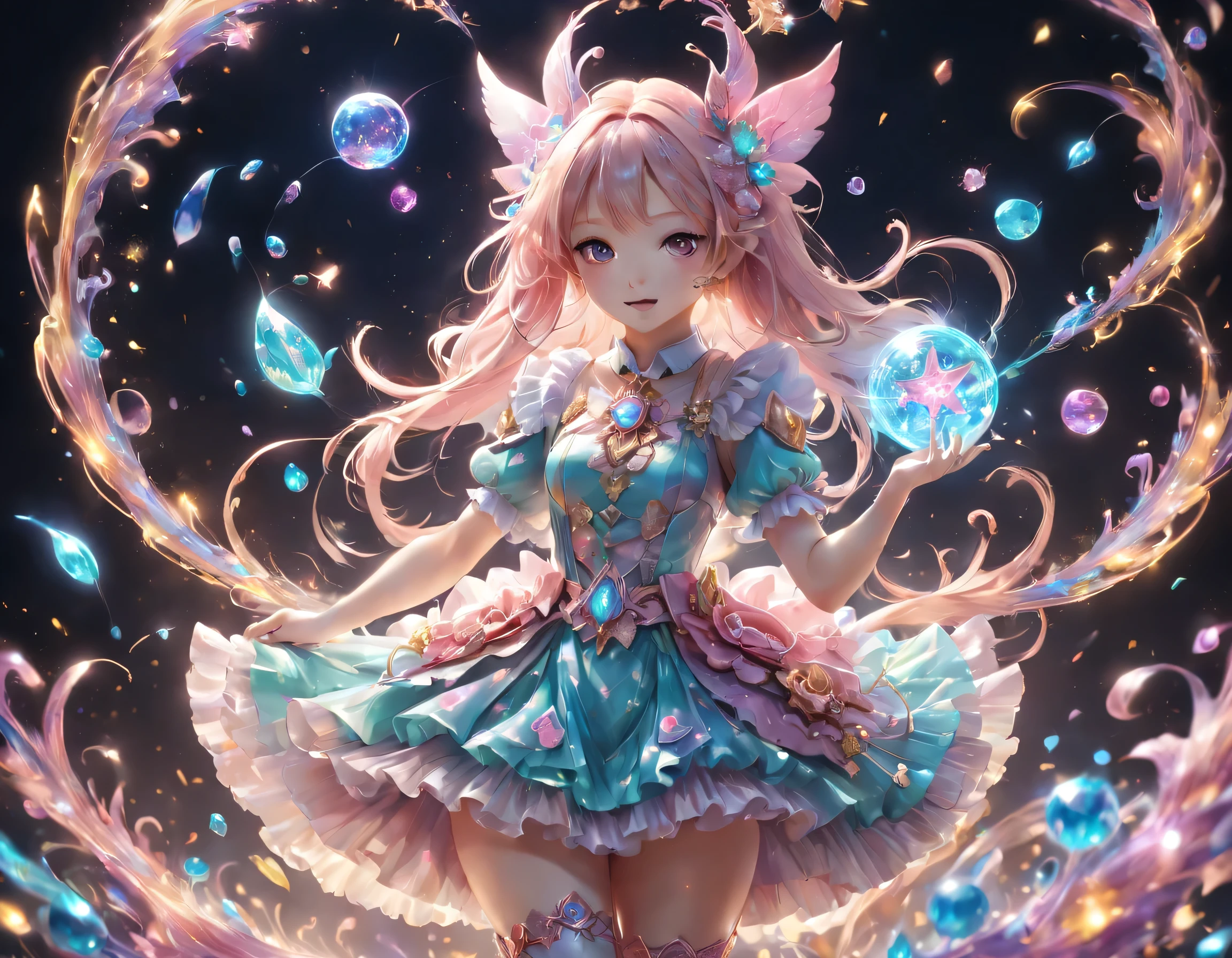 anime,An illustration,Magical girl,15 years old,Magical girlの衣装:be familiar with,magic effect,light,すごくlight, artistic, artist, Color art, Use of magic,fancy,fantasy,cute,最高にcute,最高masterpiece,masterpiece,3D,8K,Sparkling,rich colors,pastel colour,Cast colorful spells,frills,be familiar with,美しいlightと影,Sounds like fun, doesn't it?,魔法で戦うMagical girl,dynamic pose,dynamic,dream-like