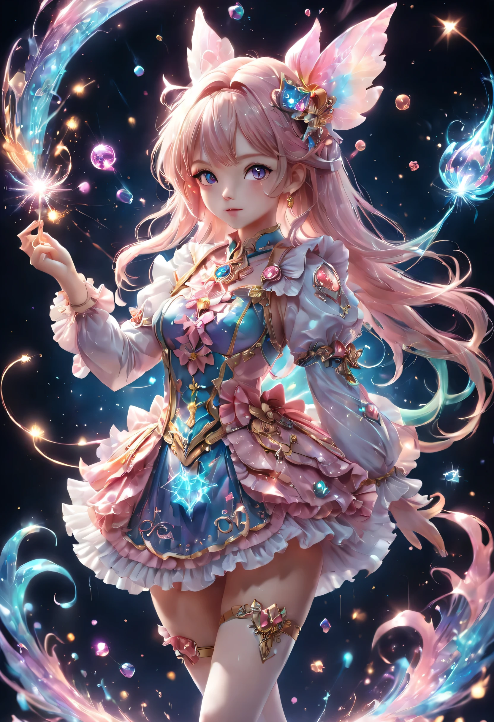 anime,An illustration,Magical girl,15 years old,Magical girlの衣装:be familiar with,magic effect,light,すごくlight, artistic, artist, Color art, Use of magic,fancy,fantasy,cute,最高にcute,最高masterpiece,masterpiece,3D,8K,Sparkling,rich colors,pastel colour,Cast colorful spells,frills,be familiar with,美しいlightと影,Sounds like fun, doesn't it?,魔法で戦うMagical girl,dynamic pose,dynamic