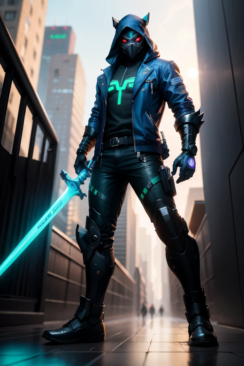 homem, techwear, casaco preto com detalhes azul neon, technological mask, black and blue sword action pose, efeitos de nevoa preta, cidade cyberpunk ,detalhado, HDR,A mais alta qualidade de imagem, alta qualidade, 8k,