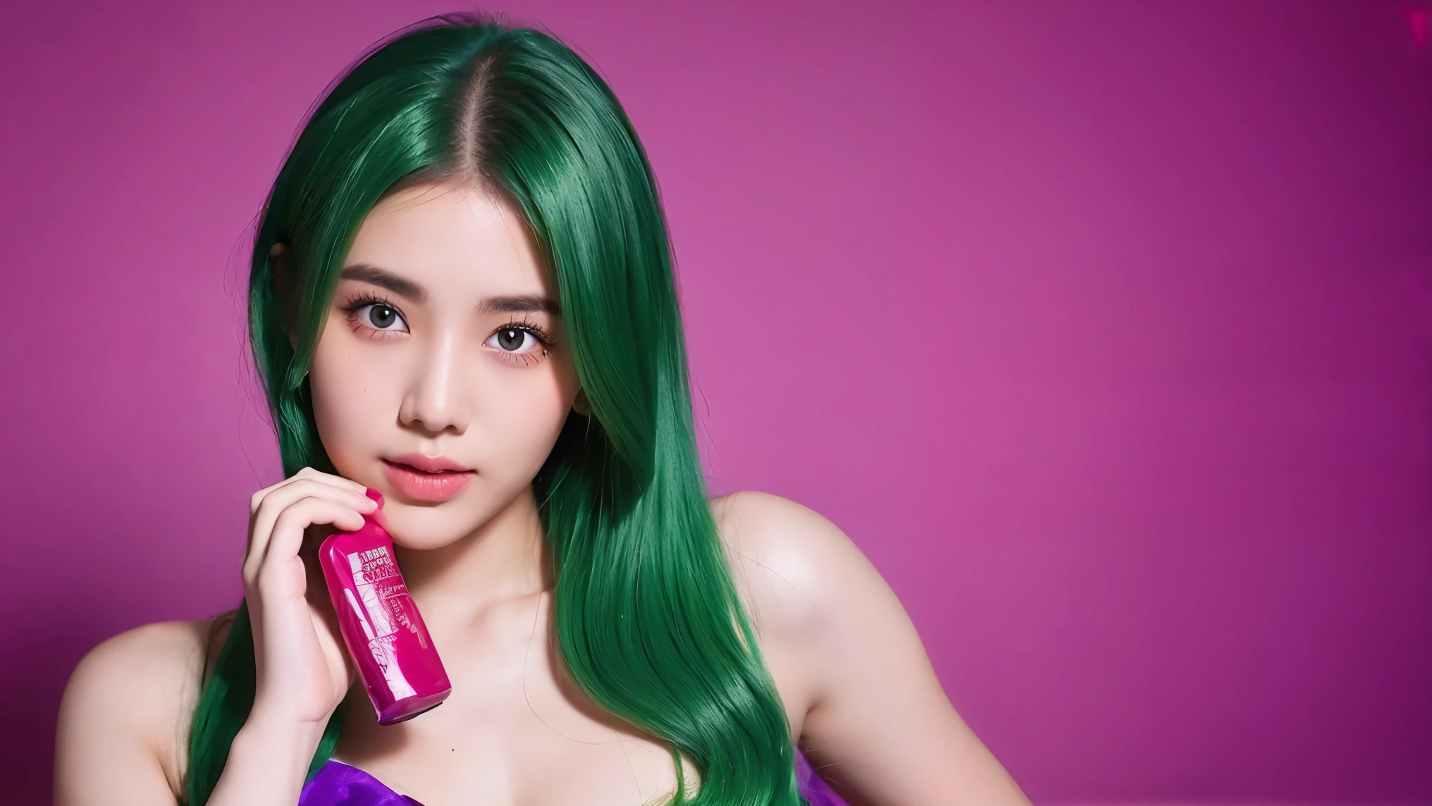 21yo girl, green hair, applying body lotion, red purple background
