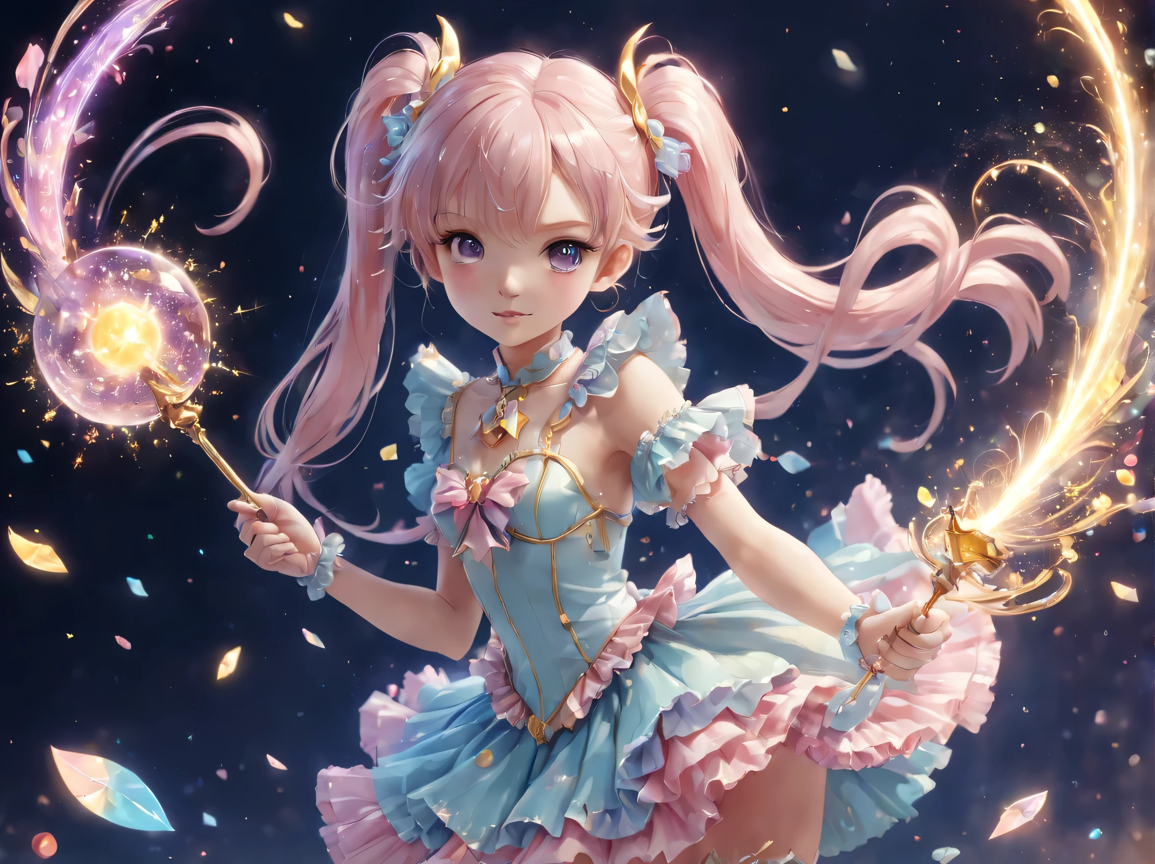 anime,An illustration,Magical girl,15 years old,Magical girlの衣装:be familiar with,magic effect,light,すごくlight, artistic, artist, Color art, Use of magic,fancy,fantasy,cute,最高にcute,最高masterpiece,masterpiece,3D,8K,Sparkling,rich colors,pastel colour,Cast colorful spells,frills,be familiar with,美しいlightと影,Sounds like fun, doesn't it?,魔法で戦うMagical girl