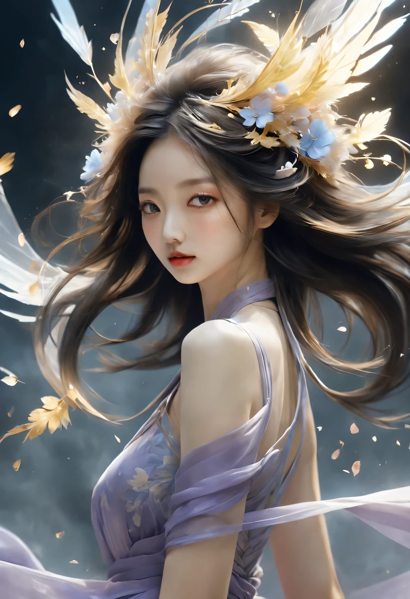 (Magical girl:1.8)，1 female，（violet dress），flowing tulle，Beautiful and elegant woman，Ride the majestic Phoenix，Soar into the clouds。The wind gently lifts her robe，as they gracefully move through the ethereal cloudscape，The sense of fLight is highLighted，((shrouded in mist)),A Song of Ice and Fire，official art，Very detailed，masterpiece，best quality，（Very detailed的CG统一8k壁纸），（best quality），（Best Illustration），（best shadow），Very detailed的图片，entire character，photorealism，Surrealism，young woman，Oval face，（delicate fingers），seductive eyes，Little mouth，flowing long black hair，thorn crown，（8k， The original， professional， best quality， masterpiece：1.2）， （realistically，realistically：1.37）， Super detailed， （portrait）， （Skin in the highest detail：1.2）， （Facial details are richest：1.2）， Light，((Oriental Palace))，(((The ancient Forbidden City)))，(The majestic Great Wall)，Magical oriental Taoist elements，Bagua patterns with magical powers，Tai Chi Yin Yang Fish Totem，((Taoist Tai Chi Yin Yang Bagua chart;1.2)),((Magnificent palace)),The palace is decorated with ice, Add visual drama to a scene. Capturing the beautiful combination of girly dance and wildness, Flying ice flowers, Evokes a sense of power, vitality, 以及大自然The original能量的美丽.Delicate character art in poetry，Stunning character art，Fan Qi，Wu Zhun Shifan，发Light精灵，宫殿theme的华丽元素。mysterious city，Beautiful village，Surrounded by flowers，巧妙地被firefly包围，（"town" theme），（leaf），（branch），（firefly），（particle effect）and other 3D， octane rendering，Light线追踪，super detailed