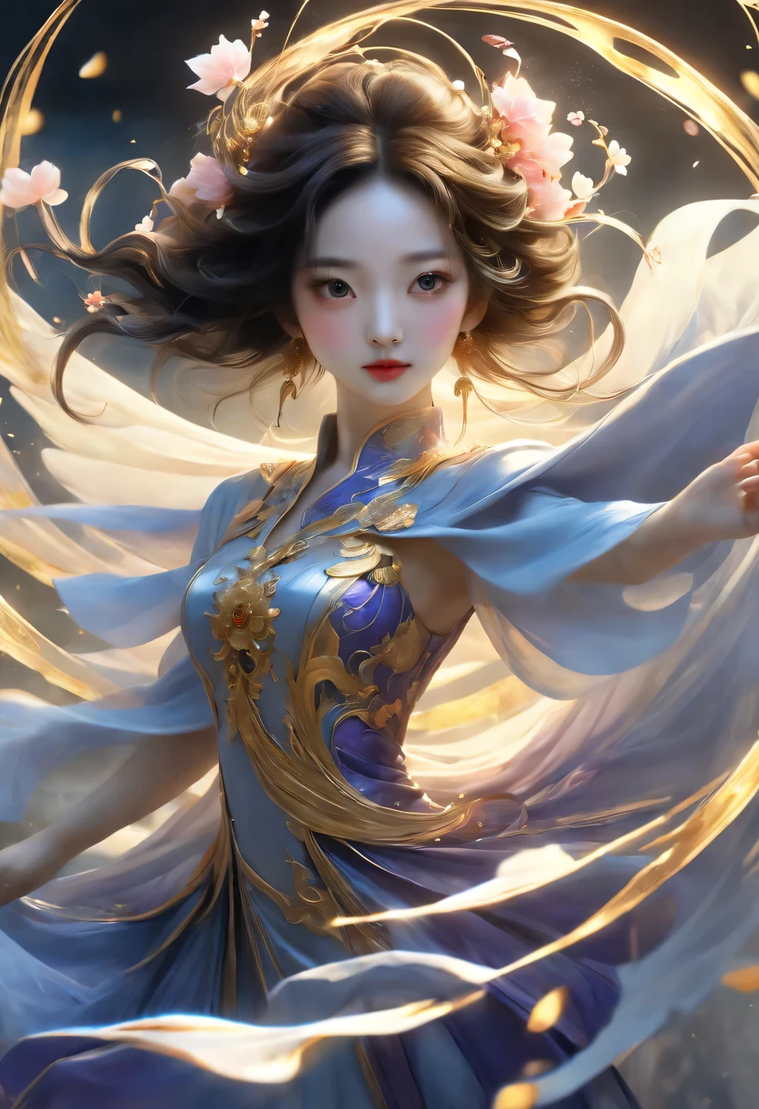 (Magical girl:1.8)，1 female，（violet dress），flowing tulle，Beautiful and elegant woman，Ride the majestic Phoenix，Soar into the clouds。The wind gently lifts her robe，as they gracefully move through the ethereal cloudscape，The sense of fLight is highLighted，((shrouded in mist)),A Song of Ice and Fire，official art，Very detailed，masterpiece，best quality，（Very detailed的CG统一8k壁纸），（best quality），（Best Illustration），（best shadow），Very detailed的图片，entire character，photorealism，Surrealism，young woman，Oval face，（delicate fingers），seductive eyes，Little mouth，flowing long black hair，thorn crown，（8k， The original， professional， best quality， masterpiece：1.2）， （realistically，realistically：1.37）， Super detailed， （portrait）， （Skin in the highest detail：1.2）， （Facial details are richest：1.2）， Light，((Oriental Palace))，(((The ancient Forbidden City)))，(The majestic Great Wall)，Magical oriental Taoist elements，Bagua patterns with magical powers，Tai Chi Yin Yang Fish Totem，((Taoist Tai Chi Yin Yang Bagua chart;1.2)),((Magnificent palace)),The palace is decorated with ice, Add visual drama to a scene. Capturing the beautiful combination of girly dance and wildness, Flying ice flowers, Evokes a sense of power, vitality, 以及大自然The original能量的美丽.Delicate character art in poetry，Stunning character art，Fan Qi，Wu Zhun Shifan，发Light精灵，宫殿theme的华丽元素。mysterious city，Beautiful village，Surrounded by flowers，巧妙地被firefly包围，（"town" theme），（leaf），（branch），（firefly），（particle effect）and other 3D， octane rendering，Light线追踪，super detailed