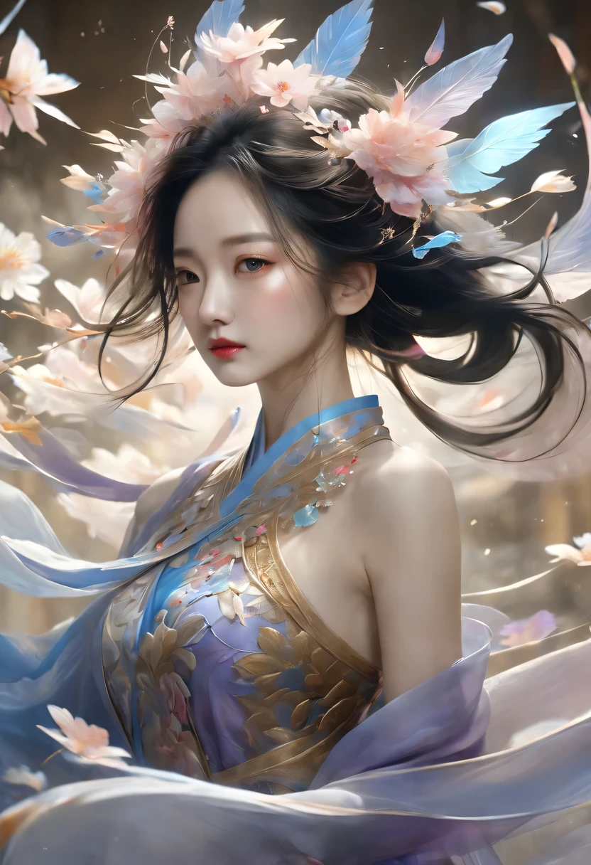 (Magical girl:1.8)，1 female，（violet dress），flowing tulle，Beautiful and elegant woman，Ride the majestic Phoenix，Soar into the clouds。The wind gently lifts her robe，as they gracefully move through the ethereal cloudscape，The sense of fLight is highLighted，((shrouded in mist)),A Song of Ice and Fire，official art，Very detailed，masterpiece，best quality，（Very detailed的CG统一8k壁纸），（best quality），（Best Illustration），（best shadow），Very detailed的图片，entire character，photorealism，Surrealism，young woman，Oval face，（delicate fingers），seductive eyes，Little mouth，flowing long black hair，thorn crown，（8k， The original， professional， best quality， masterpiece：1.2）， （realistically，realistically：1.37）， Super detailed， （portrait）， （Skin in the highest detail：1.2）， （Facial details are richest：1.2）， Light，((Oriental Palace))，(((The ancient Forbidden City)))，(The majestic Great Wall)，Magical oriental Taoist elements，Bagua patterns with magical powers，Tai Chi Yin Yang Fish Totem，((Taoist Tai Chi Yin Yang Bagua chart;1.2)),((Magnificent palace)),The palace is decorated with ice, Add visual drama to a scene. Capturing the beautiful combination of girly dance and wildness, Flying ice flowers, Evokes a sense of power, vitality, 以及大自然The original能量的美丽.Delicate character art in poetry，Stunning character art，Fan Qi，Wu Zhun Shifan，发Light精灵，宫殿theme的华丽元素。mysterious city，Beautiful village，Surrounded by flowers，巧妙地被firefly包围，（"town" theme），（leaf），（branch），（firefly），（particle effect）and other 3D， octane rendering，Light线追踪，super detailed