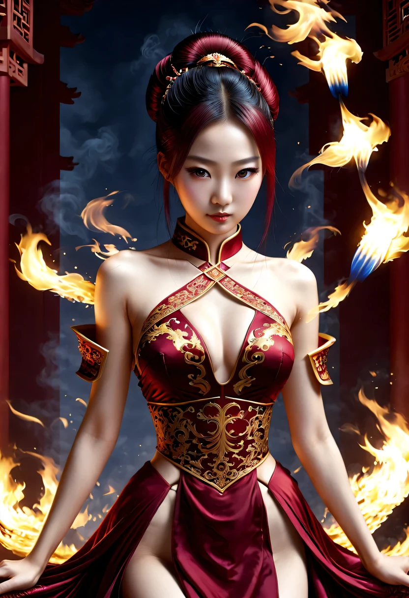 Best image quality, masterpiece level, Surrealism, fantasy theme, arms, facial details, a girl, single, OK, magic theme, Upper body, Gorgeous Hanfu，Chinese architecture, flame, Increase the detail of the overall ambient light, Face and eye details,Surrealism,epic magic fantasy, express clear focus, poker face, Elegant Blue Dress, burgundy hair, Bright Eyes, simple background.