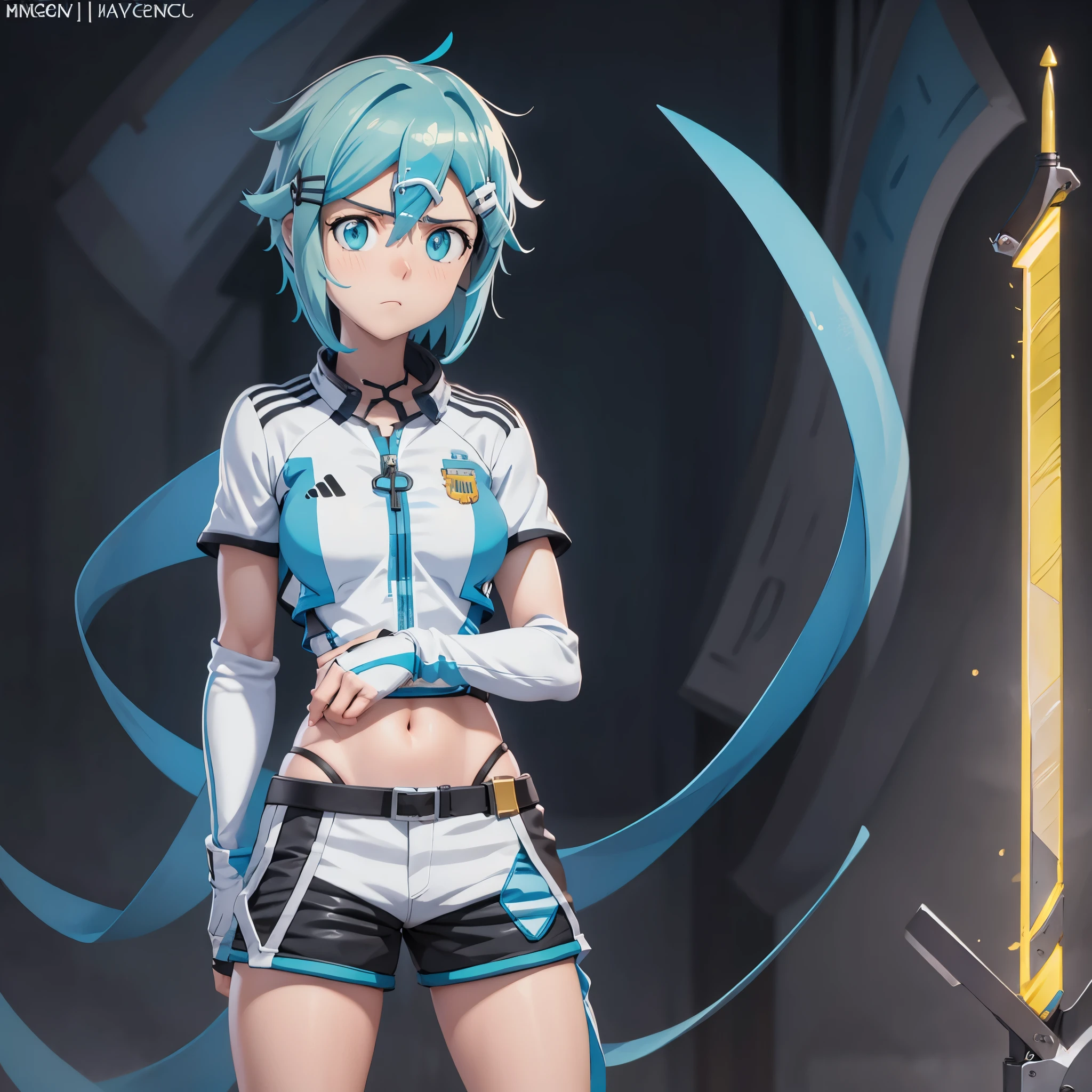 1girl, Asada Sinon (Sword Art Online), Asada Sinon \(Sword Art Online\),sportswear, Argentina short pants, perfect body, soccer field background, Argentina flag, Argentina soccer jersey, ((masterpiece)), 4k, high quality, ((best quality)), gorgerous, perfect draw, perfect picture, perfect girl, looking at viewer, standing, closed mouth, arms behind back, upper body, short hair