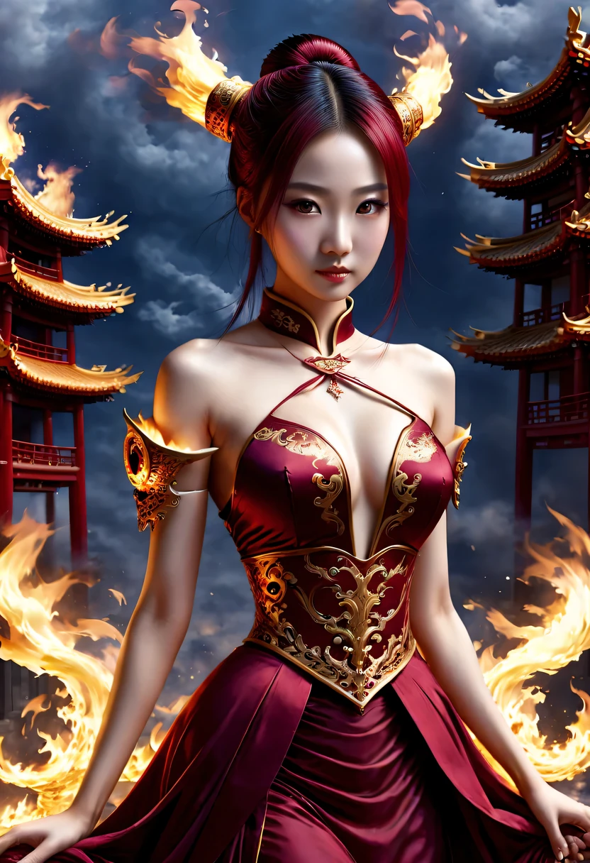 Best image quality, masterpiece level, Surrealism, fantasy theme, arms, facial details, a girl, single, OK, magic theme, Upper body, Gorgeous Hanfu,Chinese architecture, flame, Increase the detail of the overall ambient light, Face and eye details,Surrealism,epic magic fantasy, express clear focus, poker face, Elegant Blue Dress, burgundy hair, Bright Eyes, simple background.