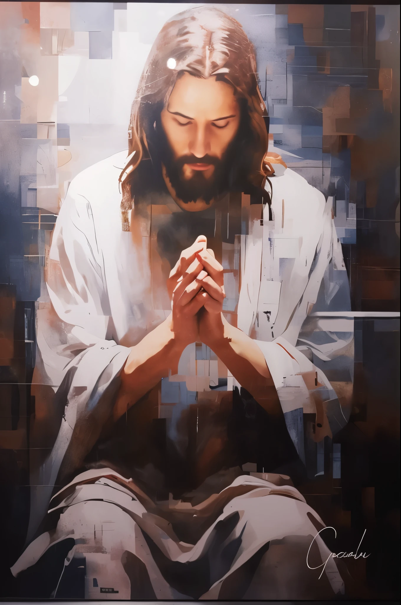 painting of Jesus sitting on a bench with his hands folded in prayer, Jesus, portrait of Jesus christ, arte cristã, por Robert Peak, Jesus christ, Guilherme H.. pongiluppi, o senhor e salvador, por Nelson Alexander Ross, Direção: Harrington Mann, Jesus of nazareth, Greg Olsen, ajoelhado em oração, arte profética