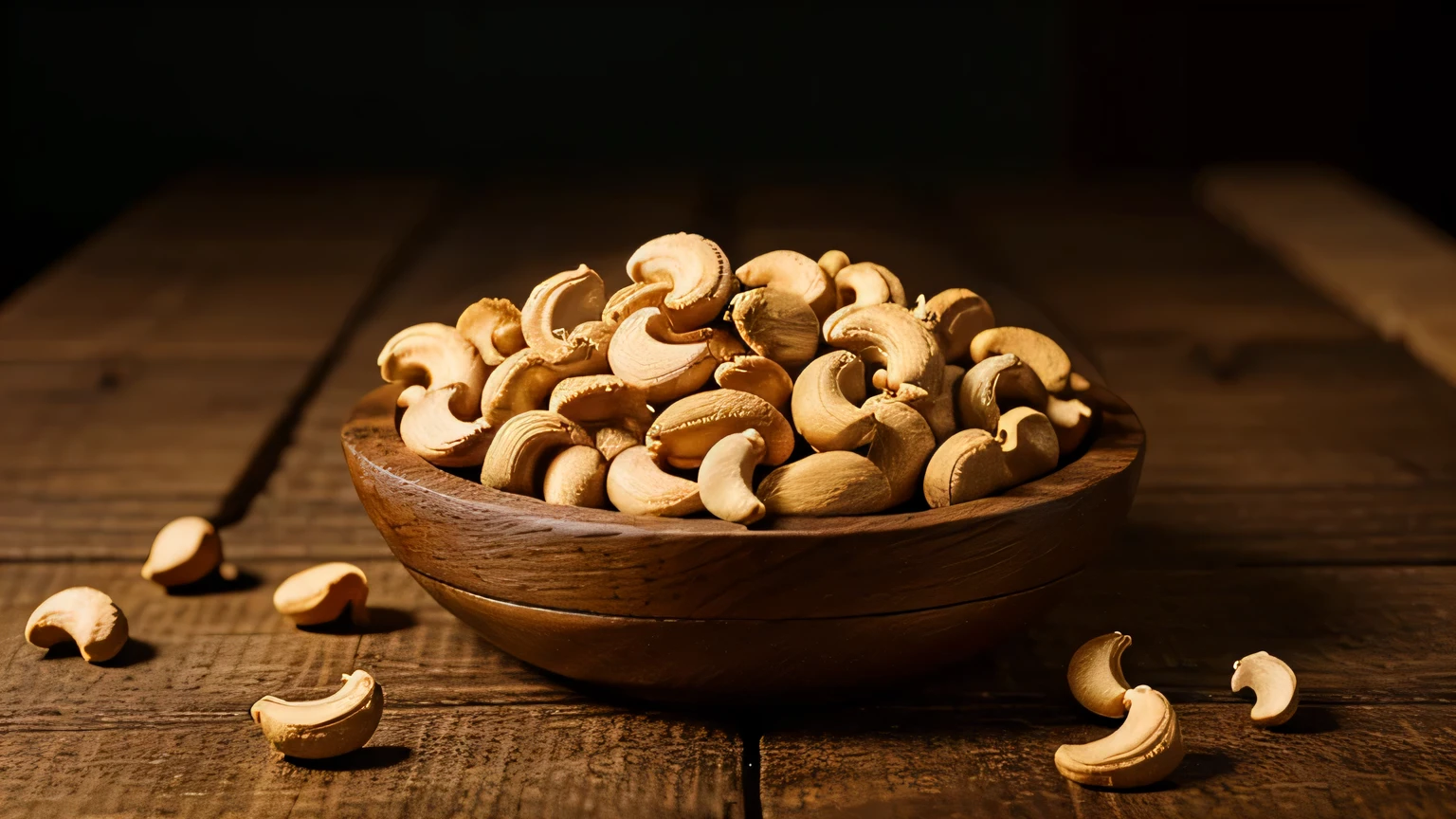 FINE CASHEWS IN A WOODEN BOWL ON A WOODEN TABLE WITH RICH BACKGROUND