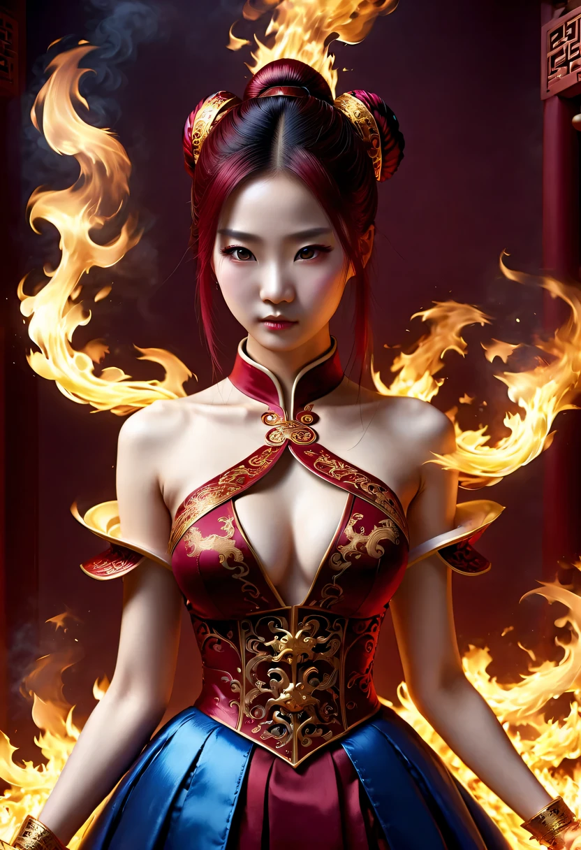 Best image quality, masterpiece level, Surrealism, fantasy theme, arms, facial details, a girl, single, OK, magic theme, Upper body, Gorgeous Hanfu，Chinese architecture, flame, Increase the detail of the overall ambient light, Face and eye details,Surrealism,epic magic fantasy, express clear focus, poker face, Elegant Blue Dress, burgundy hair, Bright Eyes, simple background.