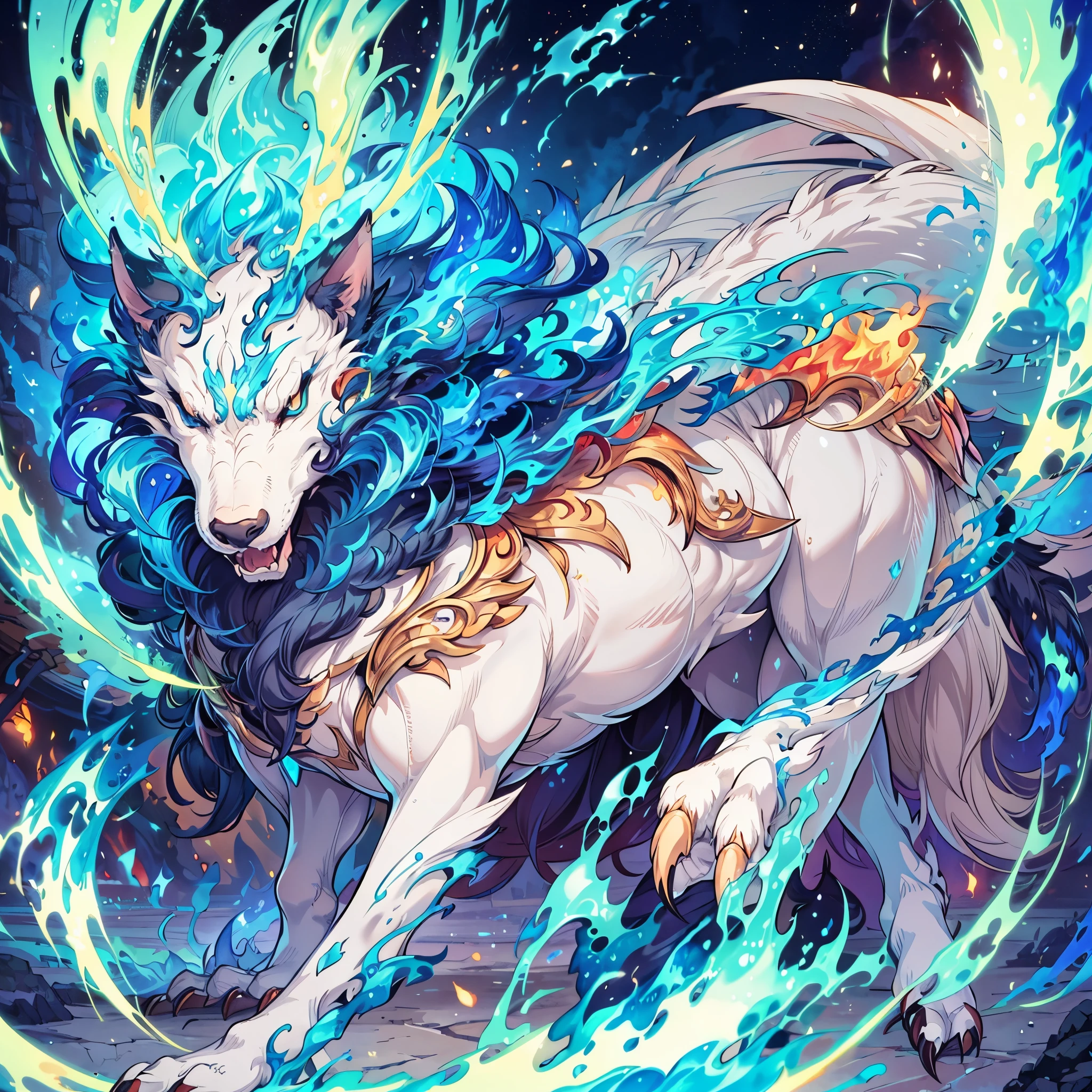 (masterpiece), best quality, fantasy art, a decorated beast of fire, fire body, fire fur, mane, claws, tail, beast outfit, white outfit, jewellery, blue fire, full body, non-human