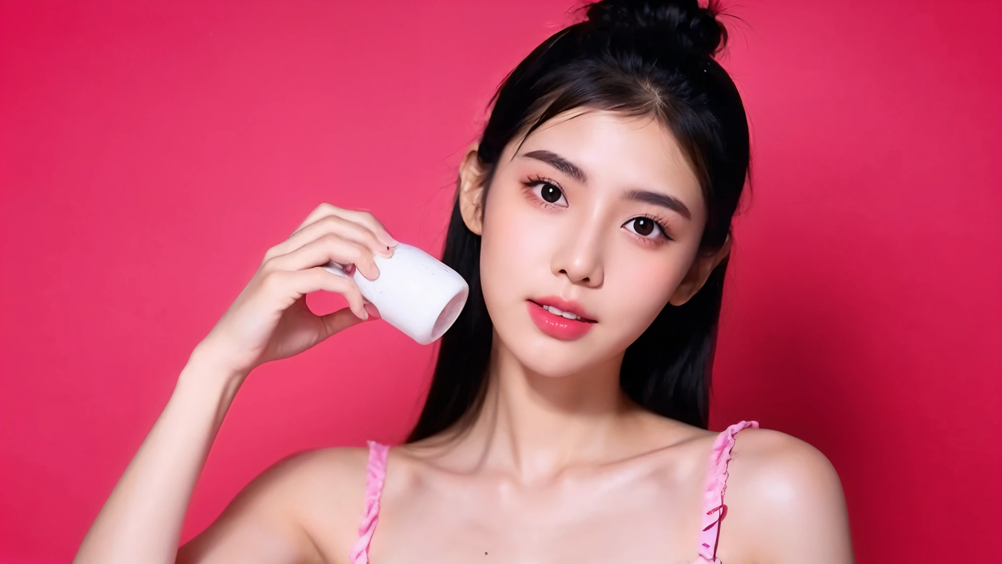 21yo girl, black hair, applying body lotion, red pink background