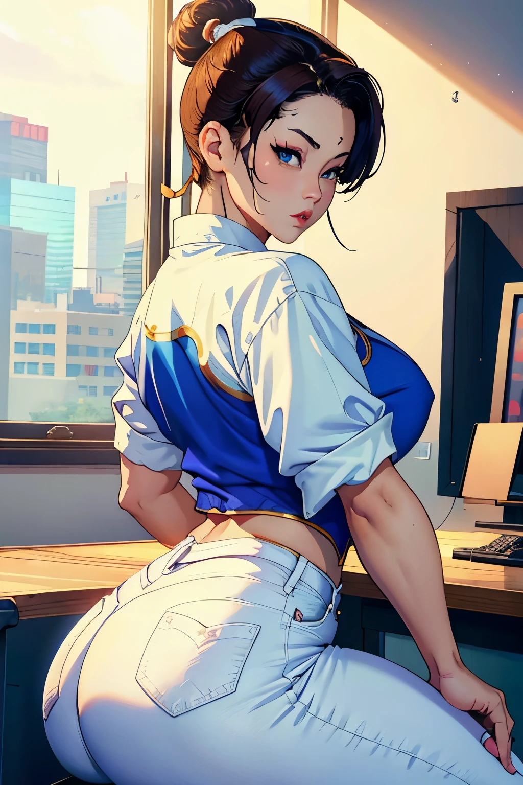 ((Chun-li)), ((high-quality)), ((masterpiece)), 8K, Wallpaper, Perfect Body, Aligned Perfect Eyes, In an office, Sitting at a table, Wearing a white blouse, Wearing jeans, Thick thighs, Big, Beautiful Butt, --s2
This image showcases the iconic Chun-li in a top-quality masterpiece. With a perfect body and aligned, beautiful eyes, she sits in an office environment, dressed in a white blouse and fitted jeans. The focus on her thick thighs and big, beautiful butt adds to her allure. This stunning 8K wallpaper is sure to be a captivating addition to any