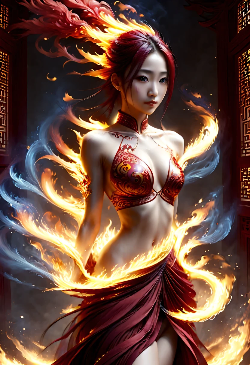 Best image quality, masterpiece level, Surrealism, fantasy theme, arms, facial details, a girl, single, OK, magic theme, Upper body, Gorgeous Hanfu,Chinese architecture, flame, Increase the detail of the overall ambient light, Face and eye details,Surrealism,epic magic fantasy, express clear focus, poker face, Elegant Blue Dress, burgundy hair, Bright Eyes, simple background.