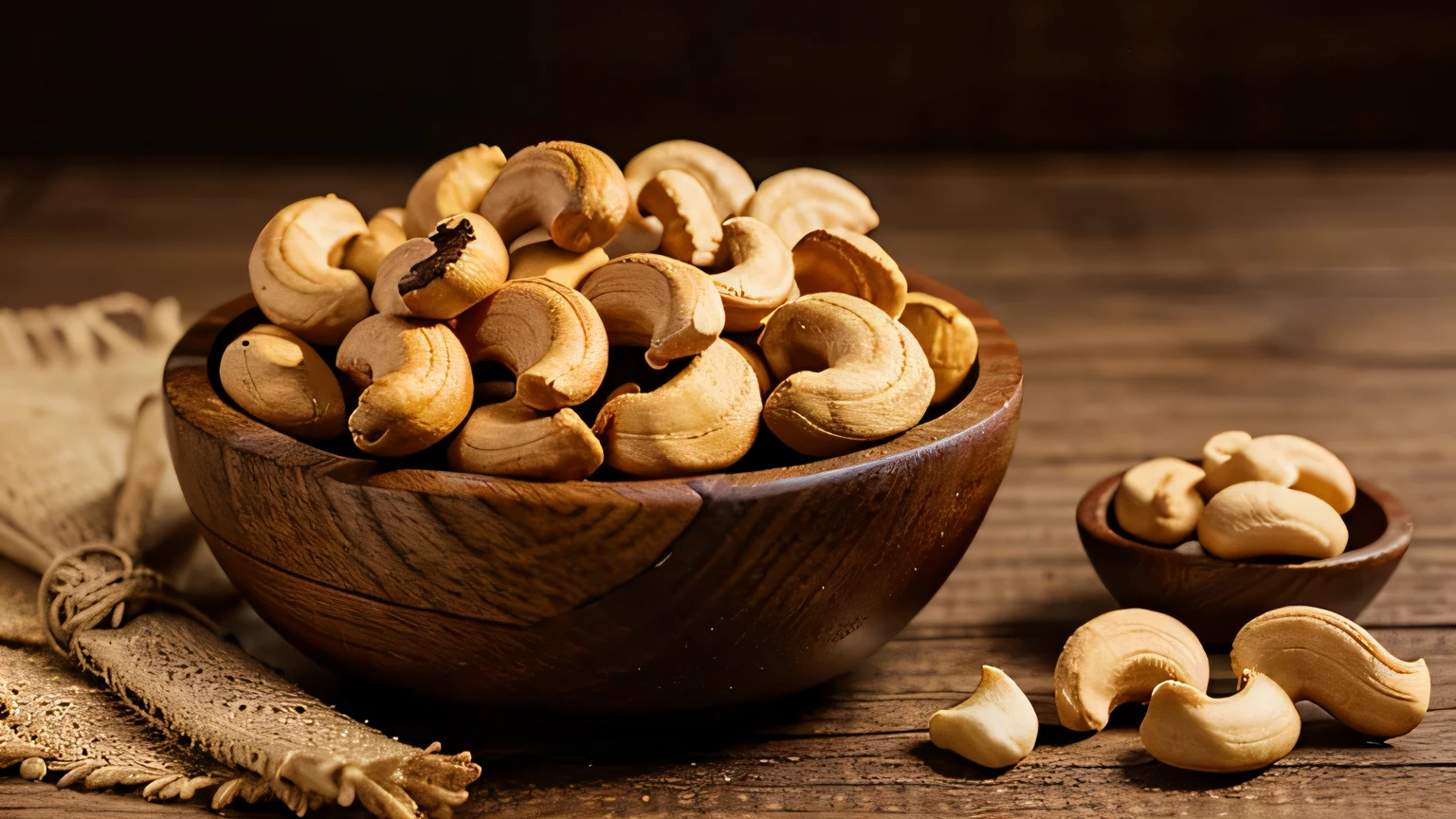 FINE CASHEWS IN A WOODEN BOWL ON THE RIGHT SIDE OF A WOODEN TABLE WITH RICH BACKGROUND