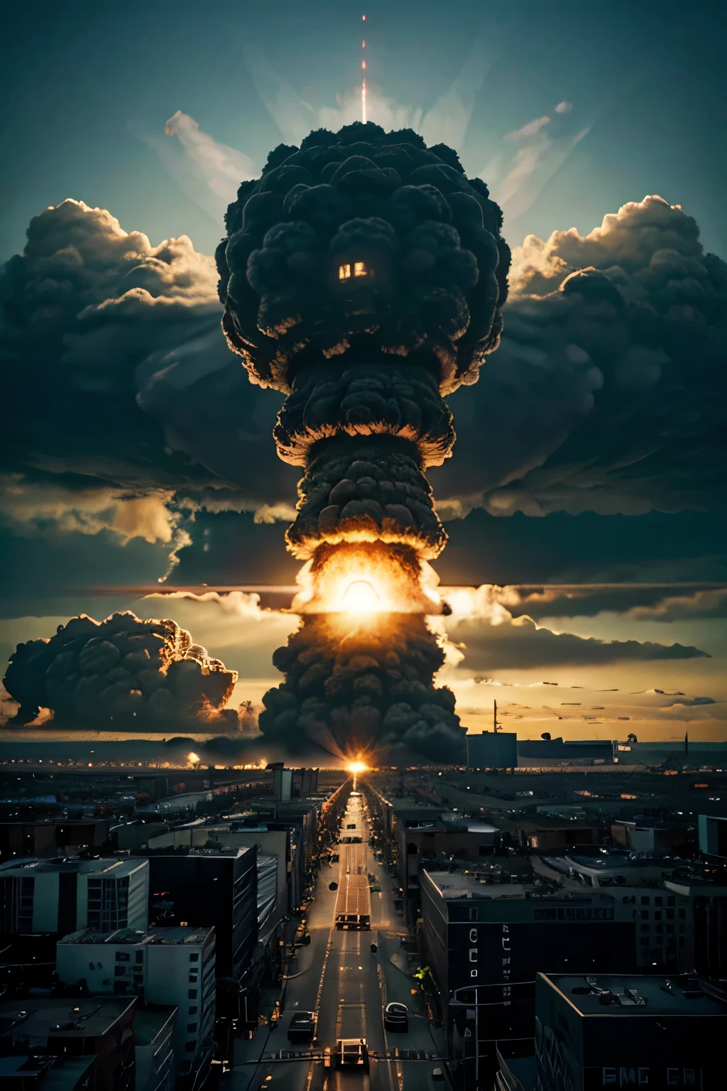 a huge nuclear explosion, manhattan, chaos, panic, epic realistic, faded, neutral colors, (hdr), ((((muted colors)))), (intricate), artstation, hyperdetailed, cinematic, warm lights, dramatic light, intricate details, complex background, dark