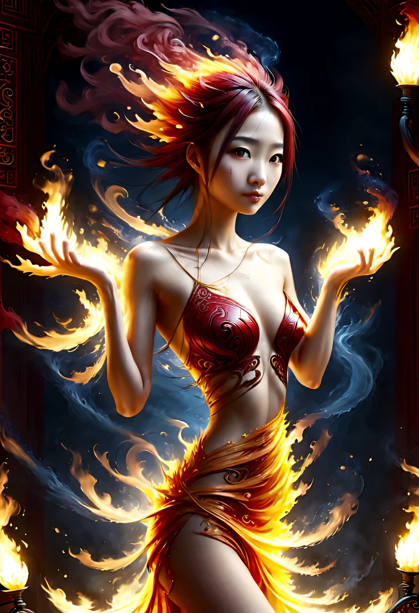 Best image quality, masterpiece level, Surrealism, fantasy theme, arms, facial details, a girl, single, OK, Fairy tale theme, Upper body, Chinese architecture, flame, Get detailed outdoor lighting and lighting, Increase the detail of the overall ambient light, Face and eye details,Surrealism,epic magic fantasy, express clear focus, poker face, Elegant Blue Dress, burgundy hair, Bright Eyes, simple background.