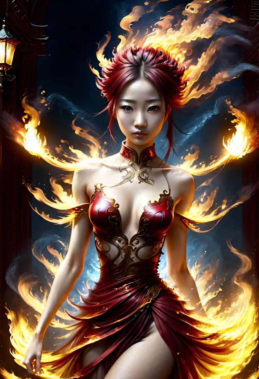 Best image quality, masterpiece level, Surrealism, fantasy theme, arms, facial details, a girl, single, OK, Fairy tale theme, Upper body, Chinese architecture, flame, Get detailed outdoor lighting and lighting, Increase the detail of the overall ambient light, Face and eye details,Surrealism,epic magic fantasy, express clear focus, poker face, Elegant Blue Dress, burgundy hair, Bright Eyes, simple background.