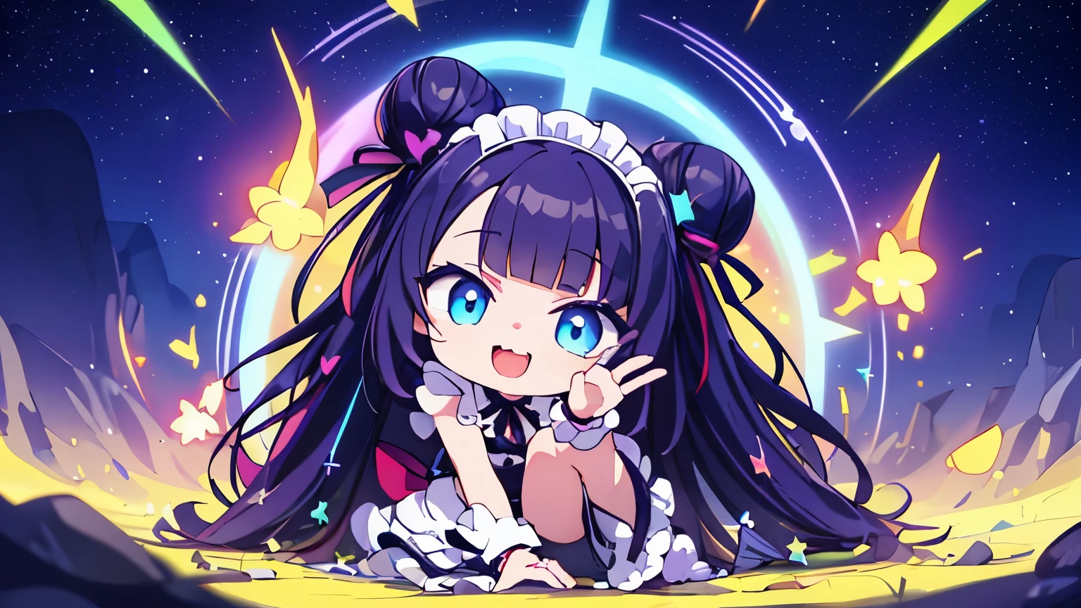 ((best quality)), ((masterpiece)), (detailed), perfect face, ((best quality)), ((masterpiece)), (detailed), perfect face, masutepiece:1.3), ph rikka 、1girl、 solo、(Best Quality:1.3), High resolution, Couboy Shot, on back,Superb view、(One Cute Girl:1.3), Solo, huge smile、A ring of iridescent angels hovers above my head、Big iridescent heart on background、Angel Ring、maid clothes、maid、Eight-headed body、with full of stars、Meteor swarm、Beautiful cityscape、Colorful starry sky、crouching down、Forehead、wide forehead、Model Standing、cross one's legs、Focus on eye brightness、yogapose、Purple hair, (bobhair:1.2), Mixed mesh and light blue、Bun hair, (Blunt bangs:1.2), Beautiful hair, Eyes are purple, Miraculous Eye、Close your eyes with all your might、Light from the eyes、Eyes are closed（1:4）Beautiful detailed eyes, ultradetailed eyes、Glitter eyes,from the rear、yoga、Colorful starry sky,Stars,Iridescent aura around the eyes、Raise your hand to stretch、Lie down and stick your hips out、Iridescent eyes、Narrowed eyes sucked in,Wearing a rainbow-colored aura from the whole body、 Shadow lighting,perfectbody

