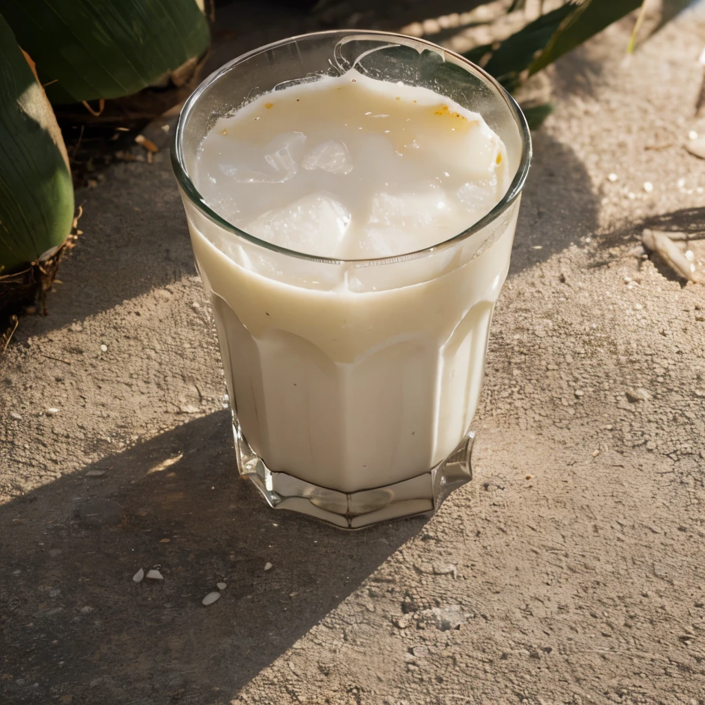 Generate a realistic, high-quality photo of a coconut drink from above, with a visual style optimized for advertising. The image should highlight the freshness and variety of elements. include an attractive composition, with vibrant colors and lighting that highlights the details of the ambient. The image must be appetizing and inviting to be used for advertising healthy fruits. Include a variety of fresh fruits and other healthy ingredients., cinematic, photo
