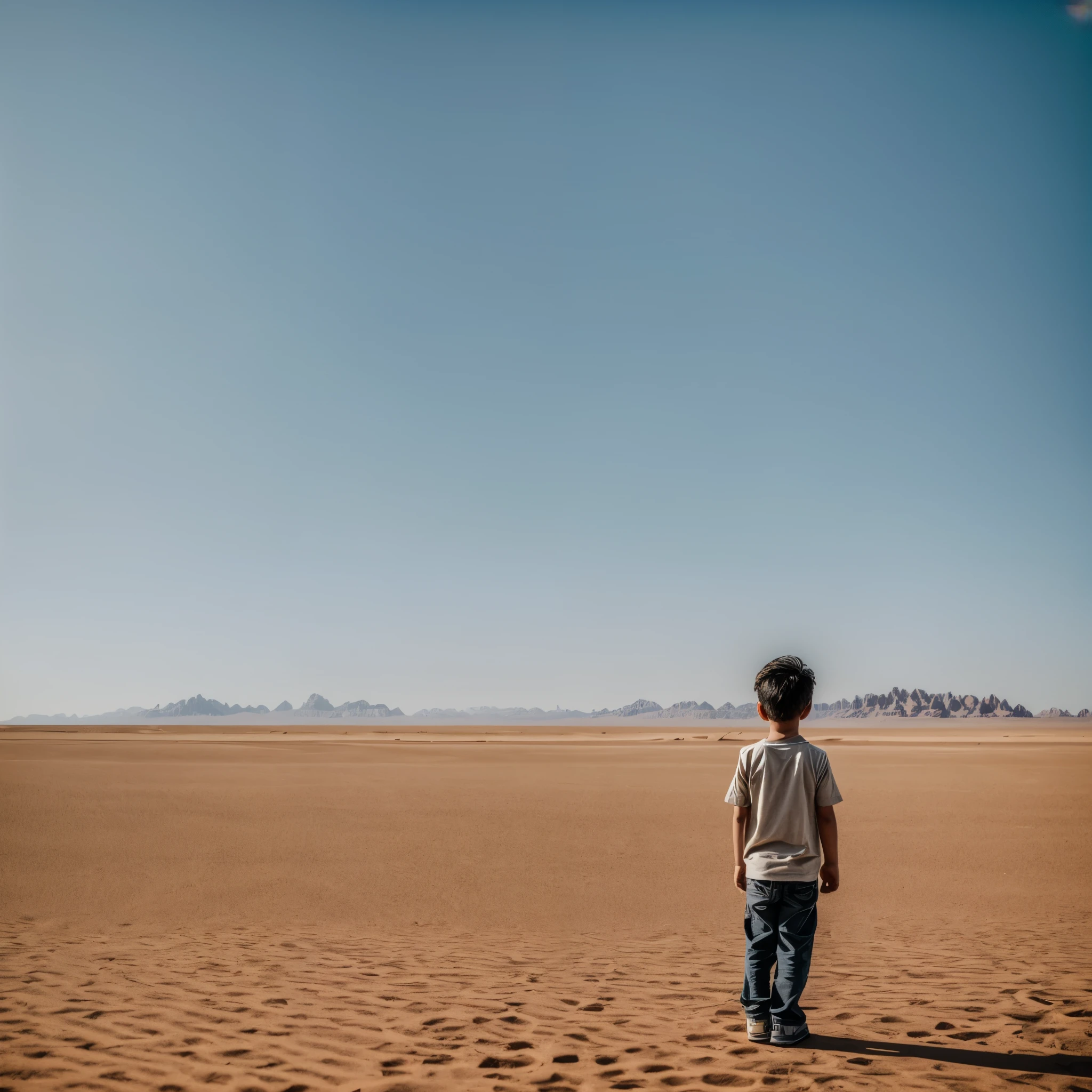 ผลงานชิ้นเอก,facing the camera. open expanse of desert. far away A little boy facing the camera. The boy is standing in the desert. he is far away. photo captured through the window. motion blur. --c 5 --v 6.0 --s 250 --style raw,