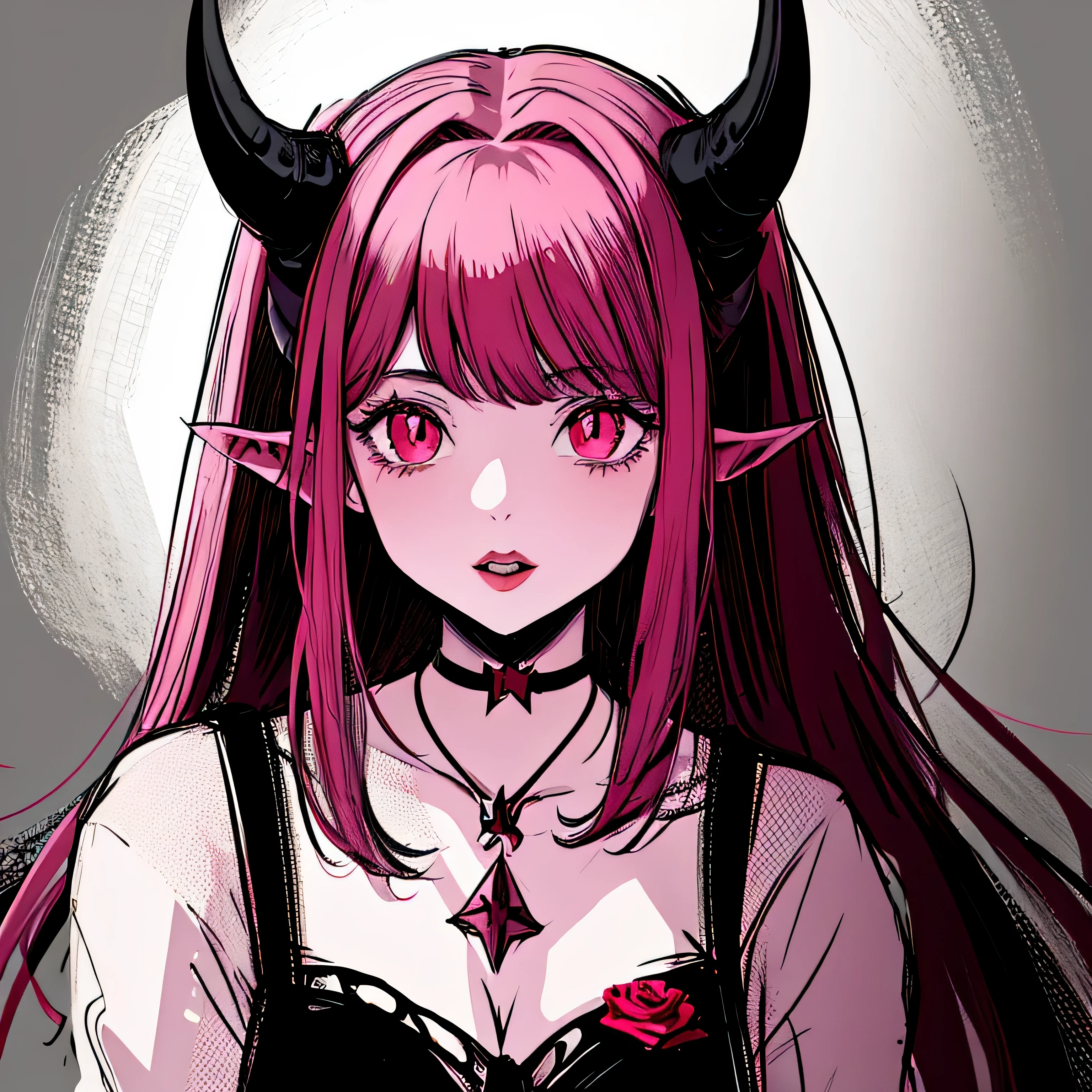 make a horror phonk portrait of a devil horned girl in rose colors