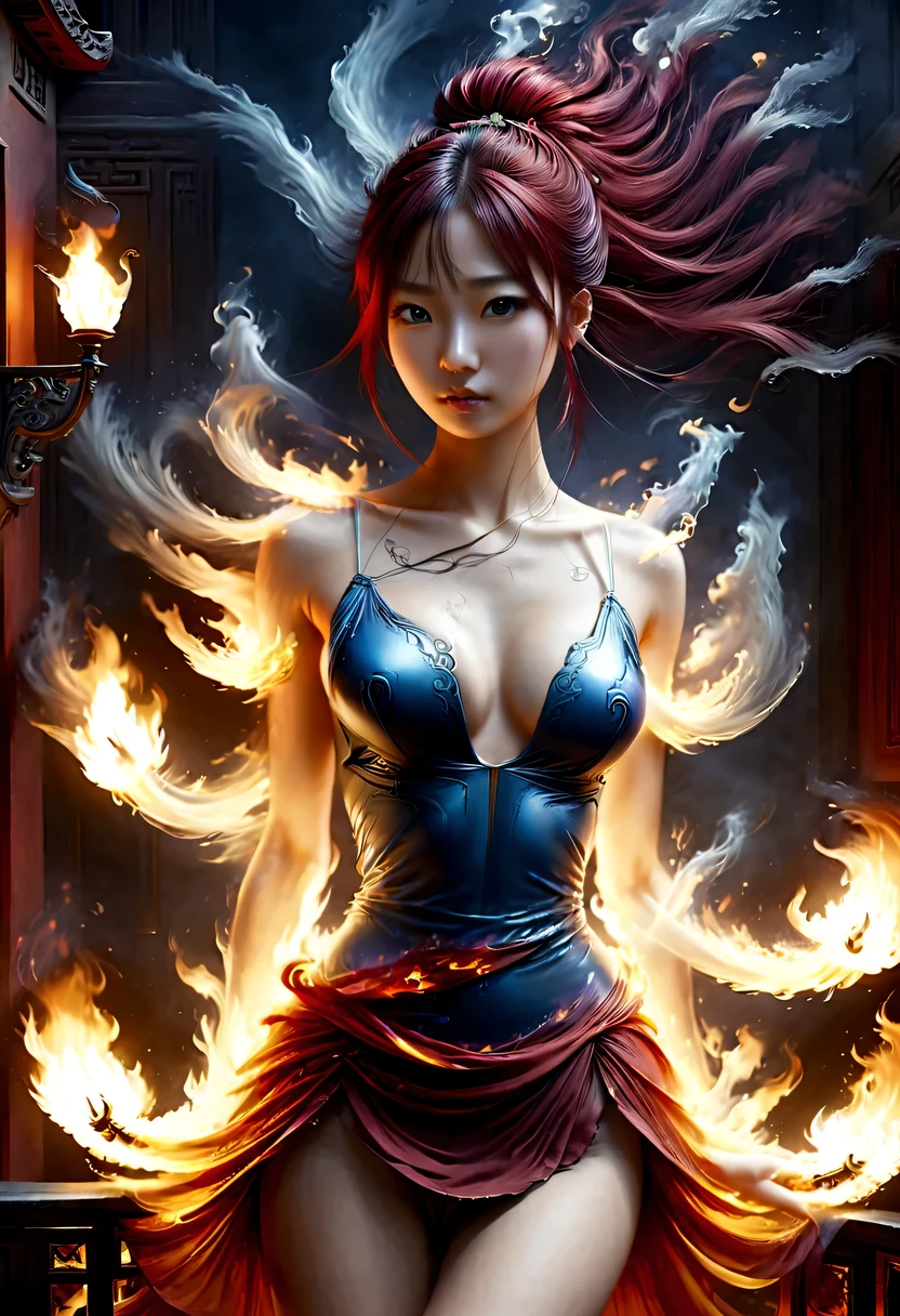 Best image quality, masterpiece level, ultra high resolution, realism, fantasy theme, arms, facial details, a girl, single, OK, Fairy tale theme, Upper body, Chinese architecture, flame, Get detailed outdoor lighting and lighting, Increase the detail of the overall ambient light, Face and eye details,超realism,epic magic fantasy, express clear focus, poker face, Elegant Blue Dress, burgundy hair, Bright Eyes, simple background.