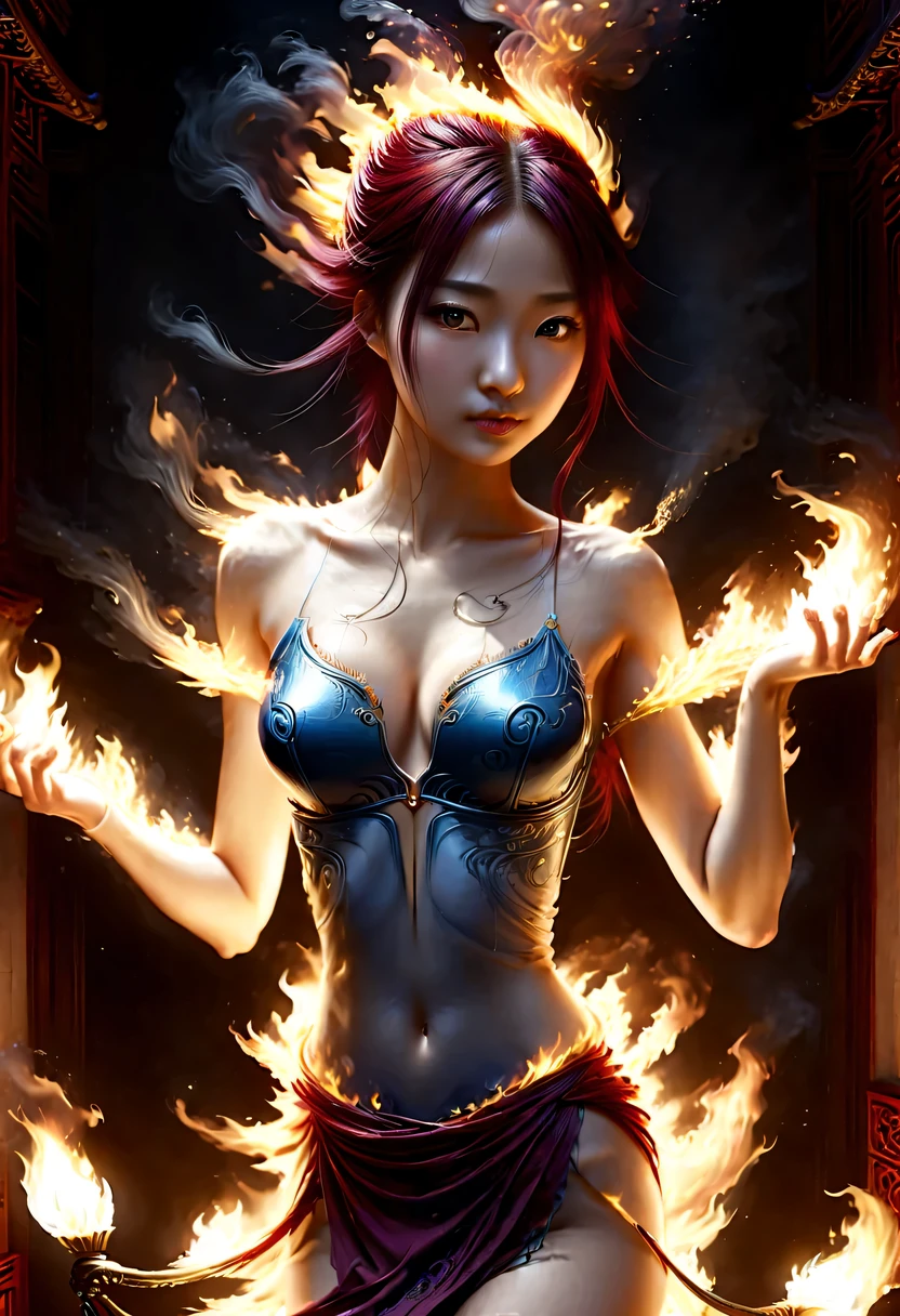 Best image quality, masterpiece level, ultra high resolution, realism, fantasy theme, arms, facial details, a girl, single, OK, Fairy tale theme, Upper body, Chinese architecture, flame, Get detailed outdoor lighting and lighting, Increase the detail of the overall ambient light, Face and eye details,超realism,epic magic fantasy, express clear focus, poker face, Elegant Blue Dress, burgundy hair, Bright Eyes, simple background.