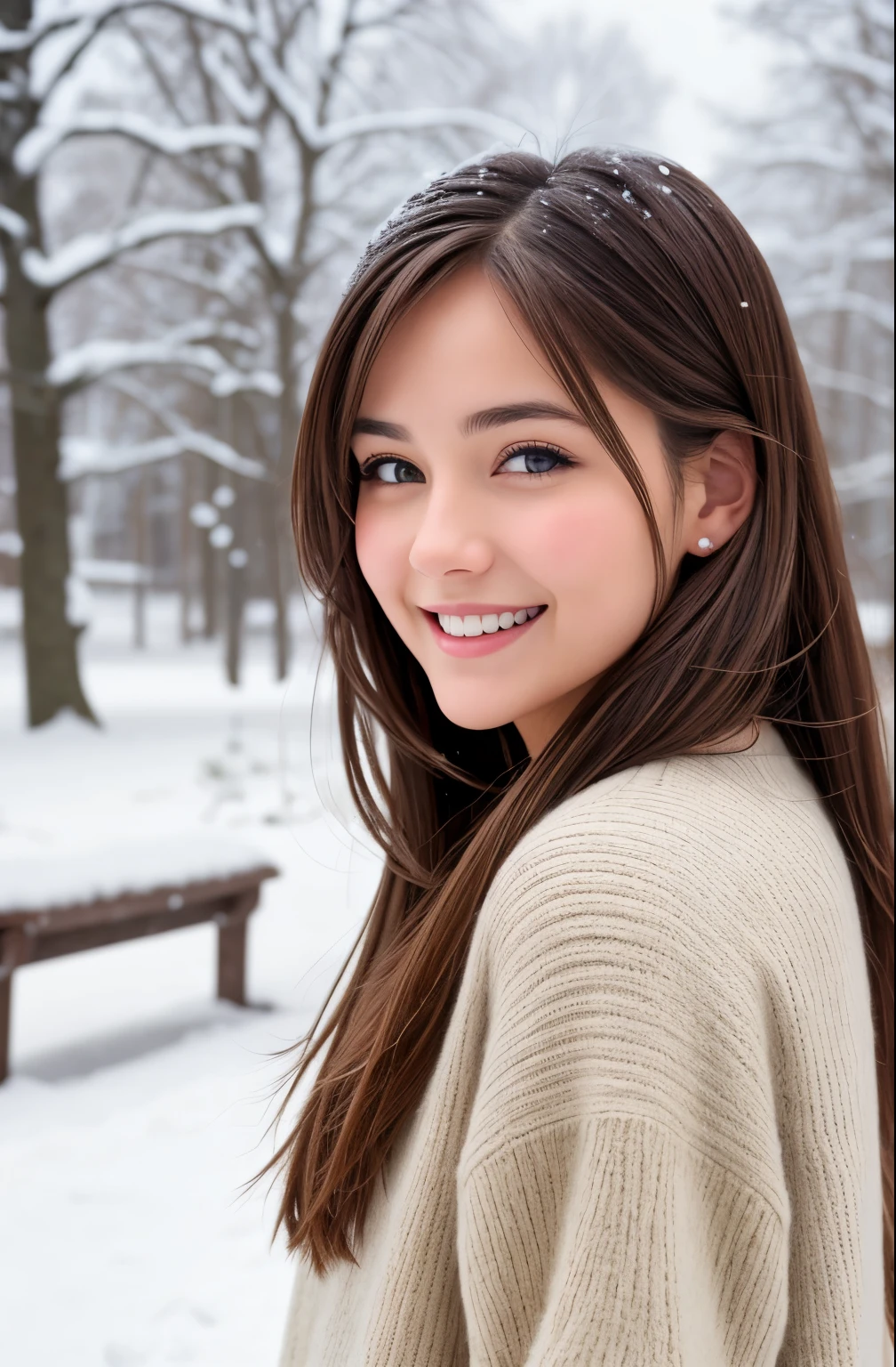 An effortlessly beautiful girl next door, over the shoulder shot, brown hair, snow (Happy, excited smile), fotoreal, Hyperrealismus, best quality, (natural skin structure, very detailed face), Meisterwerk, scharfer Fokus