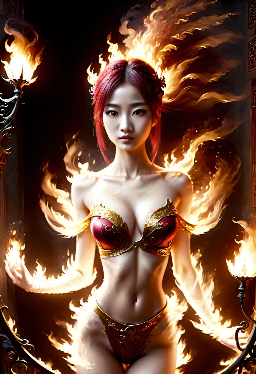 Best image quality, masterpiece level, ultra high resolution, realism, fantasy theme, arms, facial details, a girl, single, OK, Fairy tale theme, Upper body, Chinese architecture, flame, Get detailed outdoor lighting and lighting, Increase the detail of the overall ambient light, Face and eye details, improve the realism of body details, express clear focus, poker face, golden dress, burgundy hair, Bright Eyes, simple background.