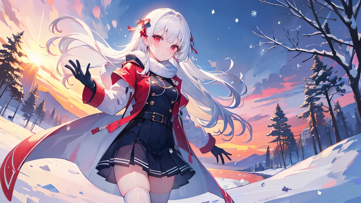 Masterpiece, highest quality, (perfect face), , white hair, red eyes, white long hair, princess hair, glowing face, slim waist, blushing, ribbons, hair accessories, blue sky, sunset, snow, short skirt, winter coat, warm gloves, warm stockings