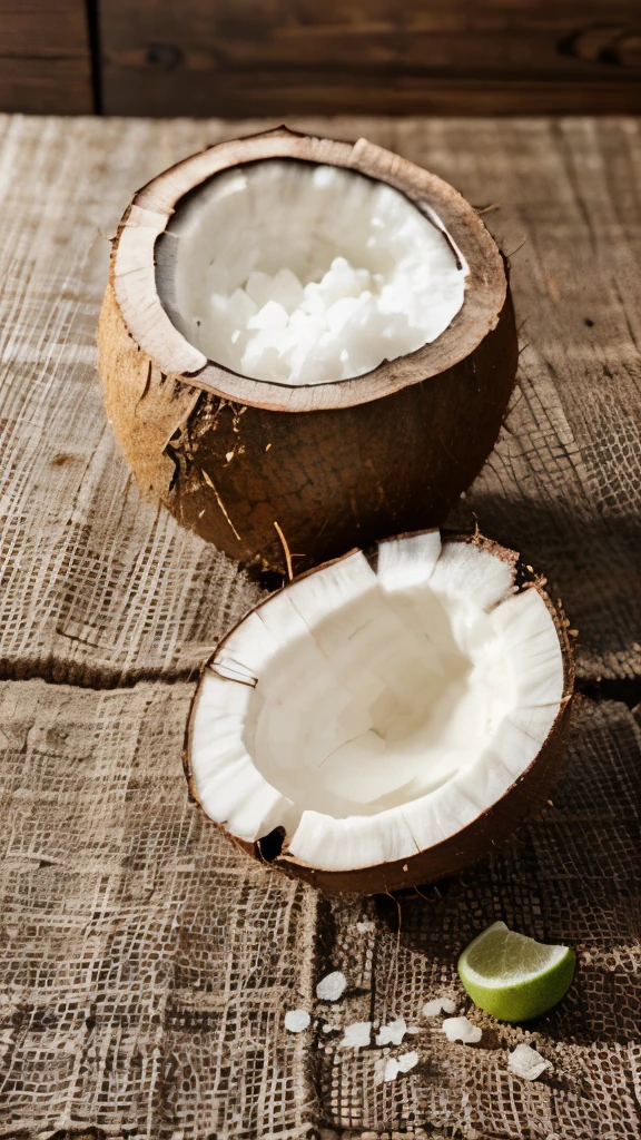 Generate a realistic, high-quality photo of a coconut water from above, with a visual style optimized for advertising. The image should highlight the freshness and variety of elements. include an attractive composition, with vibrant colors and lighting that highlights the details of the ambient. The image must be appetizing and inviting to be used for advertising healthy fruits. Include a variety of fresh fruits and other healthy ingredients., cinematic, photo