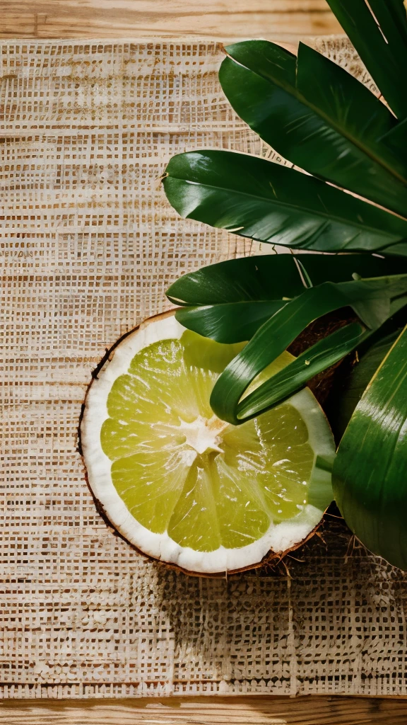 Generate a realistic, high-quality photo of a coconut water from above, with a visual style optimized for advertising. The image should highlight the freshness and variety of elements. include an attractive composition, with vibrant colors and lighting that highlights the details of the ambient. The image must be appetizing and inviting to be used for advertising healthy fruits. Include a variety of fresh fruits and other healthy ingredients., cinematic, photo