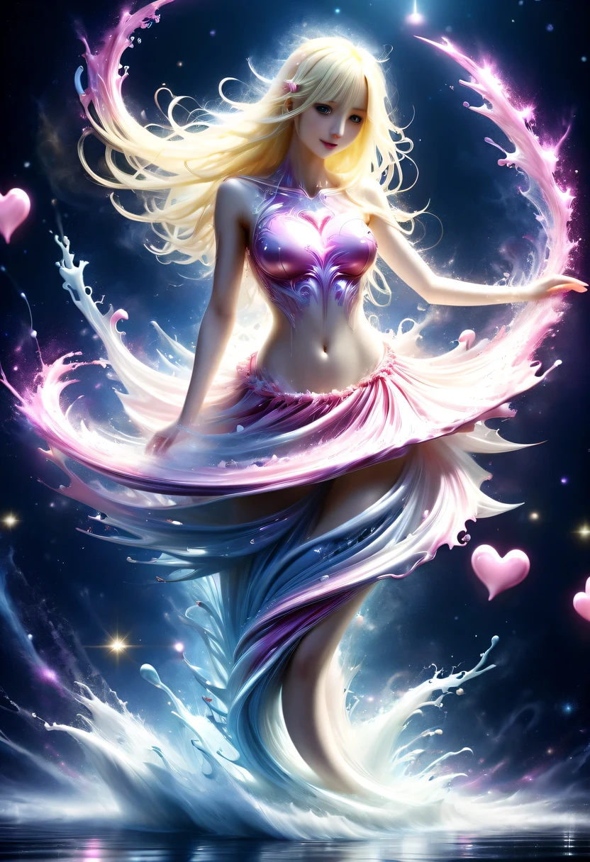 由五颜六色的星星制成的magic少女,magic,Starlight skirt,blond,water splash,hyper detailed masterpiece, Dynamic, good quality,pink love, Tempting, Tempting, enchanting, Heart PiaoDonM3l3m3nt4lXL,